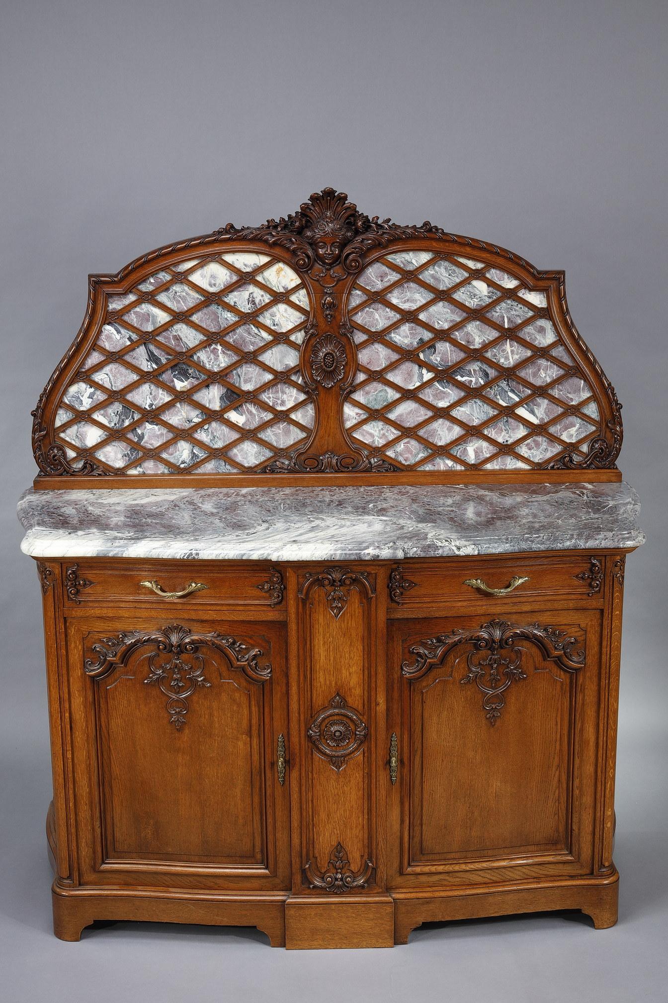 French Pair of Regency-style sideboards in molded oak and marble For Sale