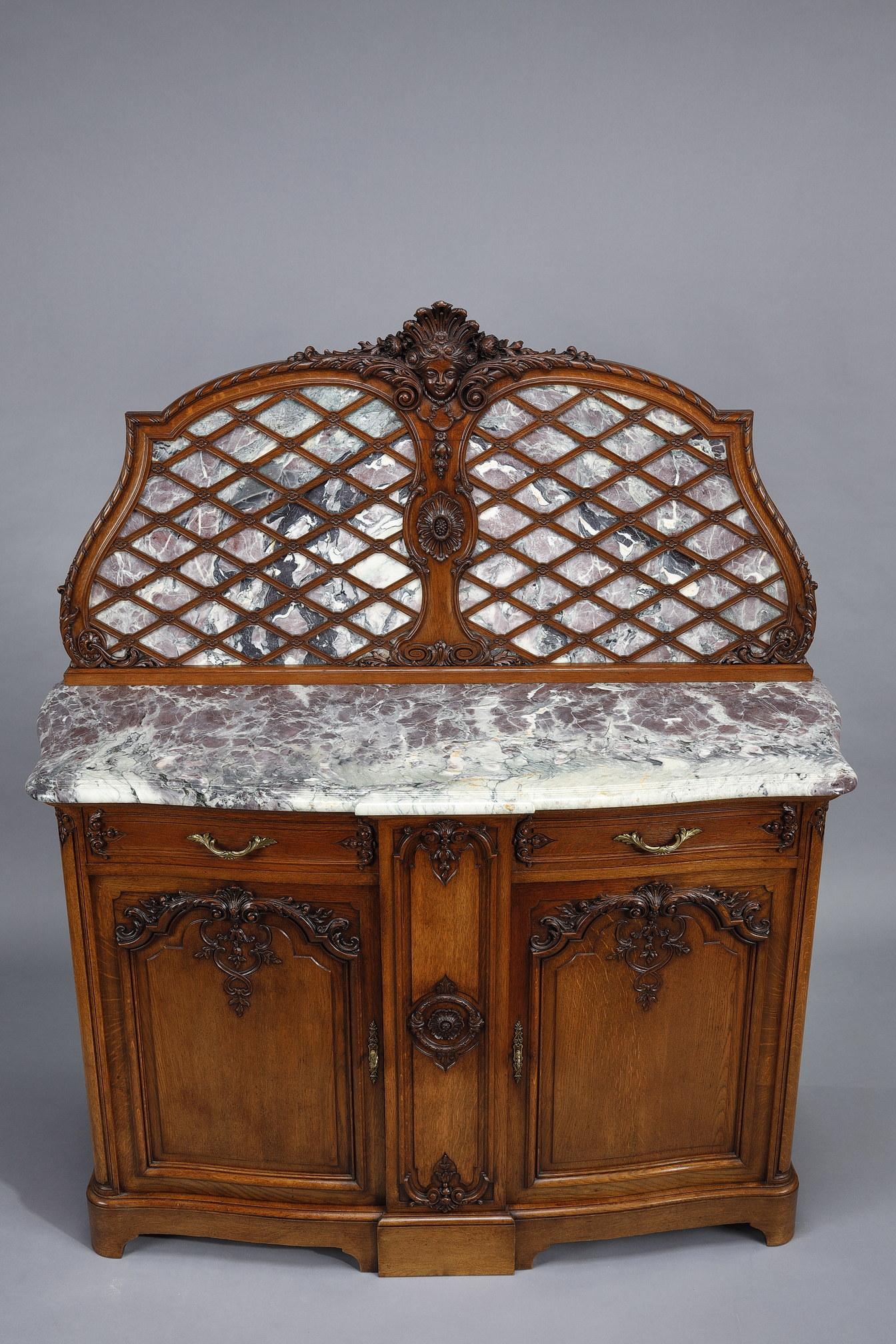Pair of Regency-style sideboards in molded oak and marble In Good Condition For Sale In Paris, FR