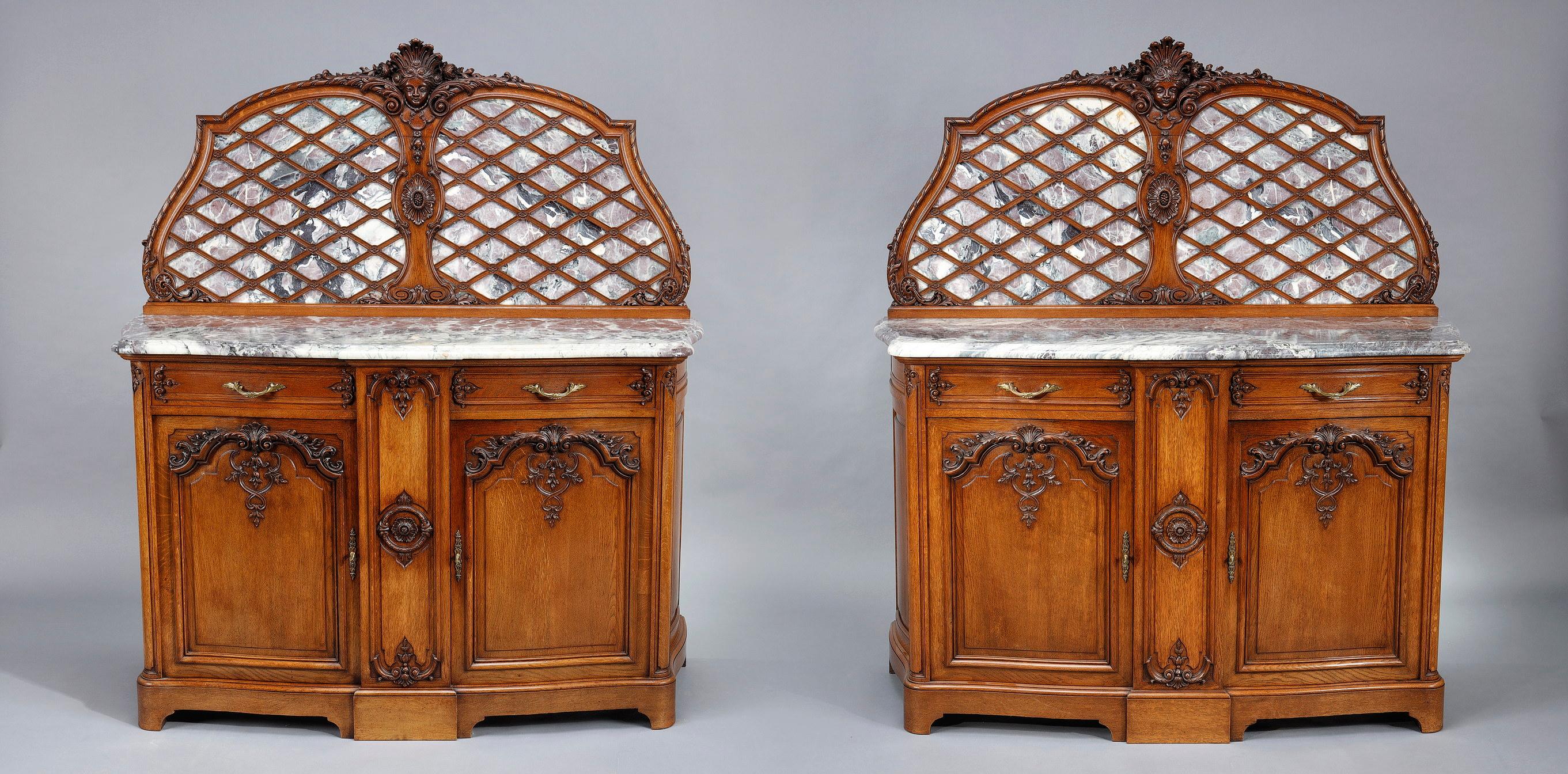 Pair of Regency-style sideboards in molded oak and marble For Sale 1