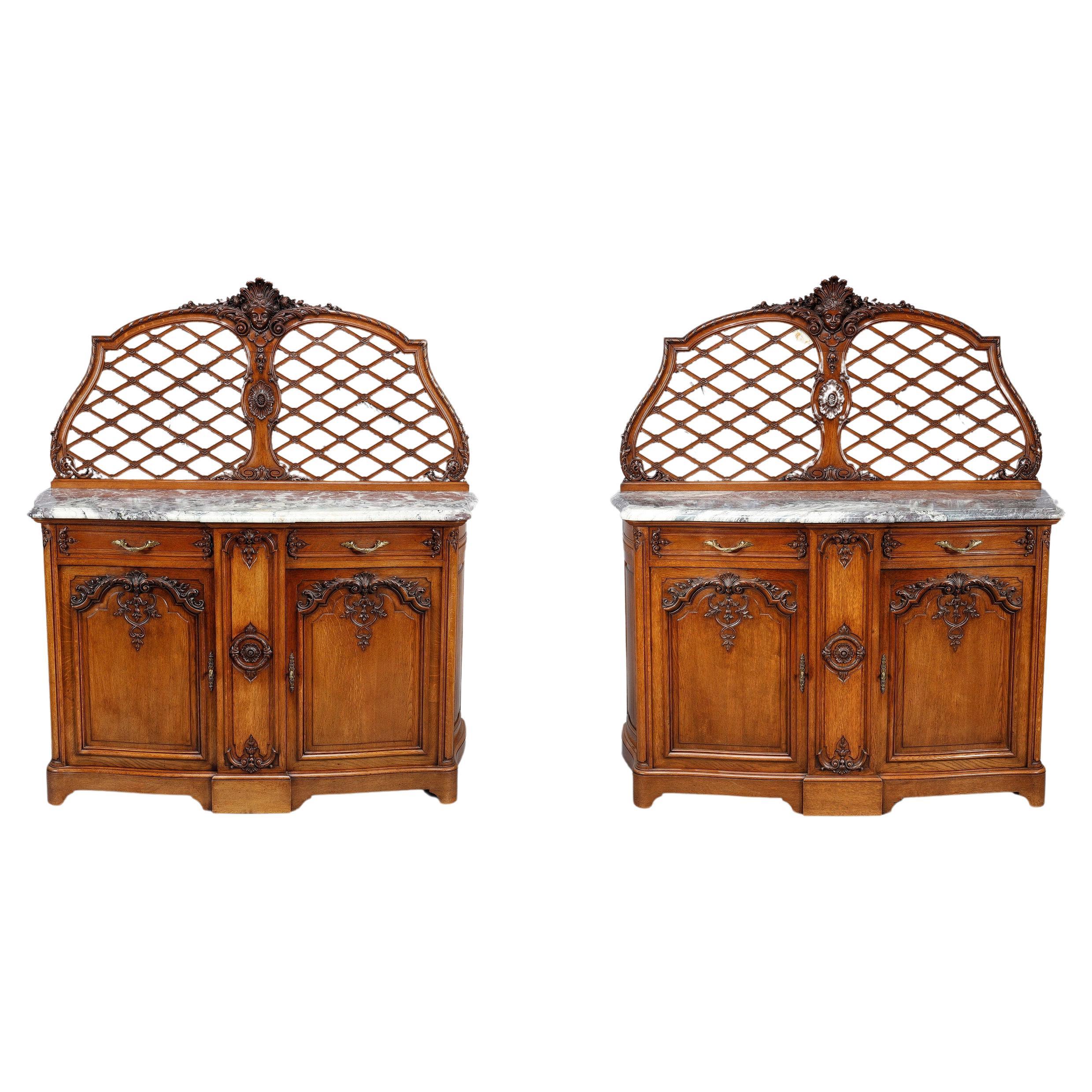 Pair of Regency-style sideboards in molded oak and marble For Sale