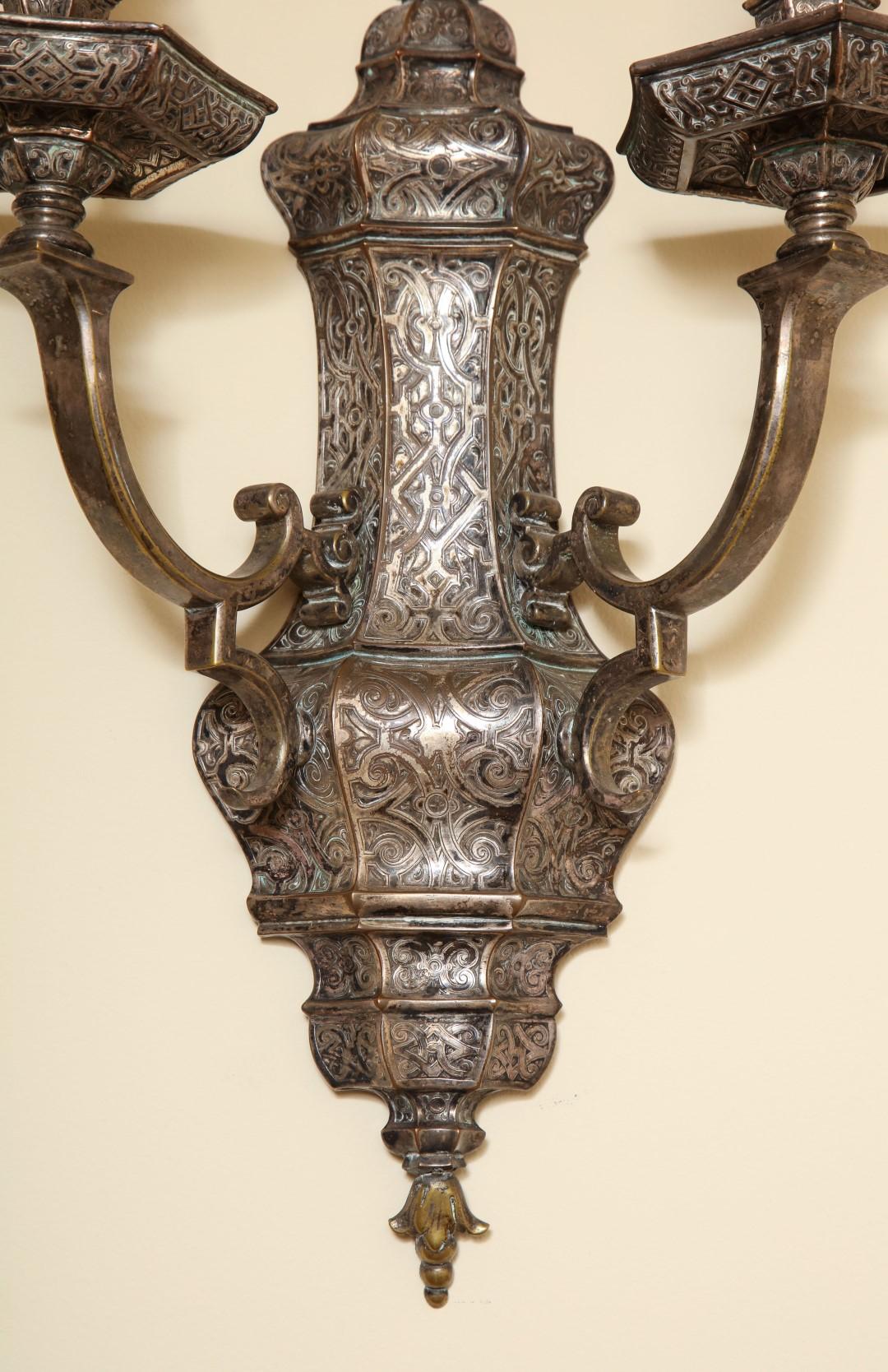 Early 20th Century Pair of E. F. Caldwell Regency Style Silvered Sconces