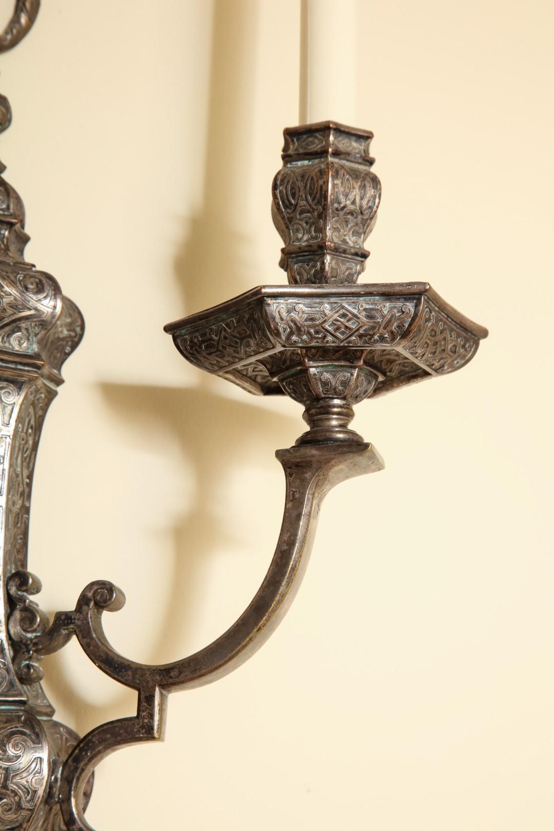 Metal Pair of E. F. Caldwell Regency Style Silvered Sconces