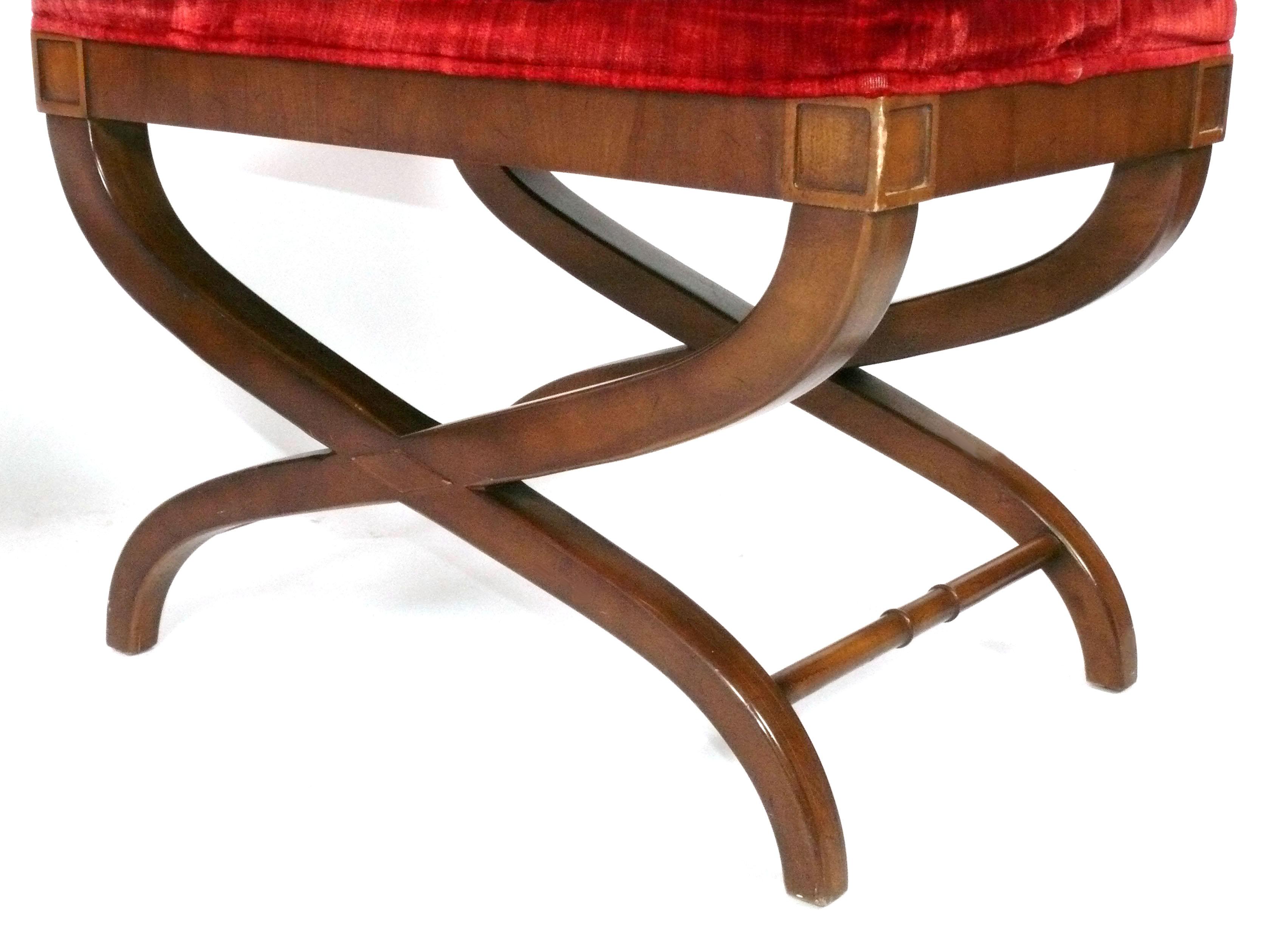 Pair of Regency Style Stools or Benches, American, circa 1960s. They are currently being refinished and reupholstered and they can be completed in your choice of color and reupholstered in your fabric. Simply send us 3 yards total of your fabric