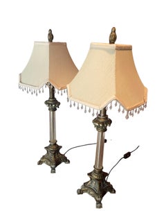 Pair of Regency Style table lamps neoclassical bases Paw Feet cream fabric shade