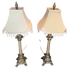 Pair of Regency Style table lamps neoclassical bases Paw Feet cream fabric shade