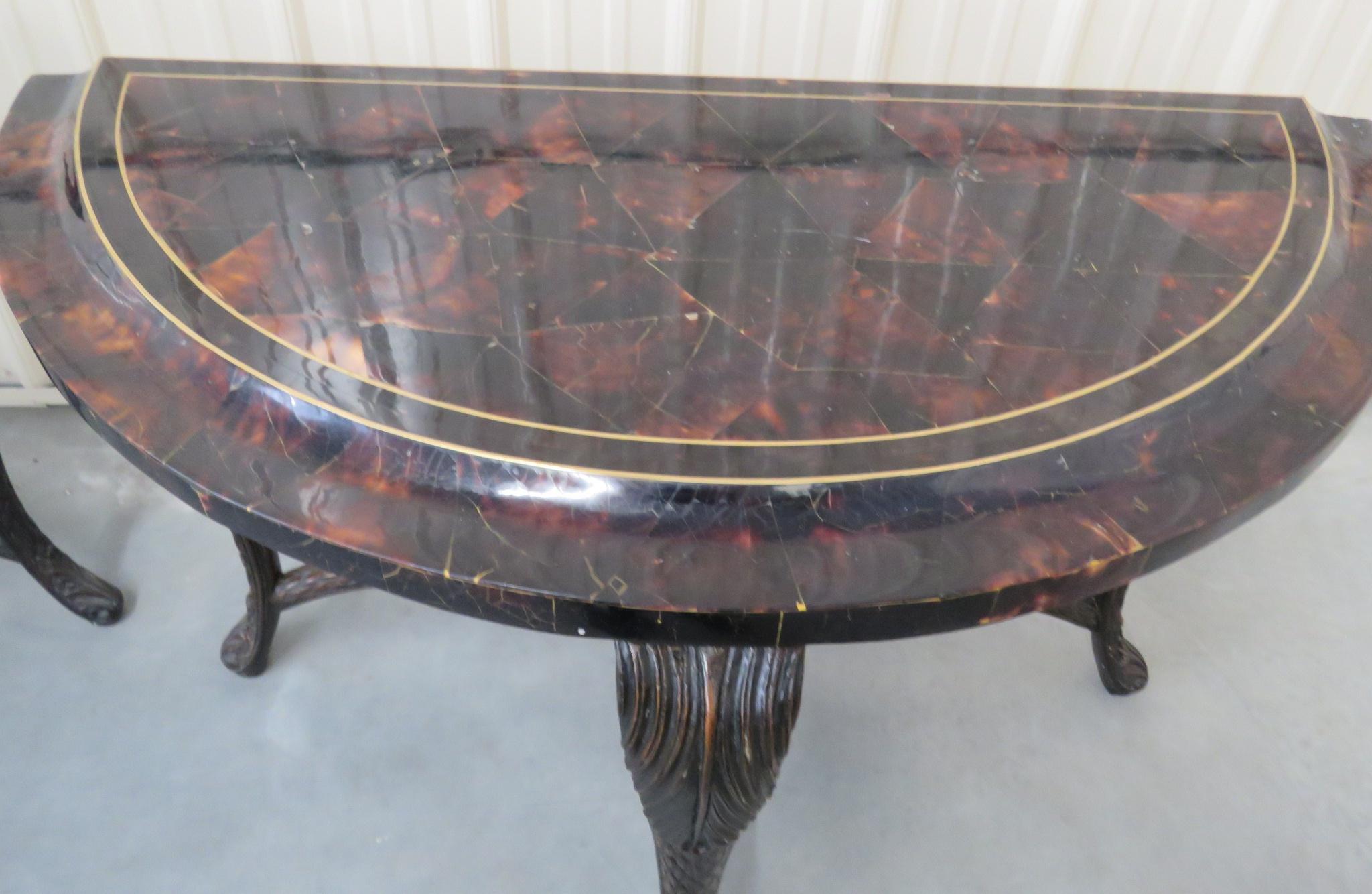 Regency Pair French Style Tessellated Tortoise Shell Demilune Console Tables with Swans