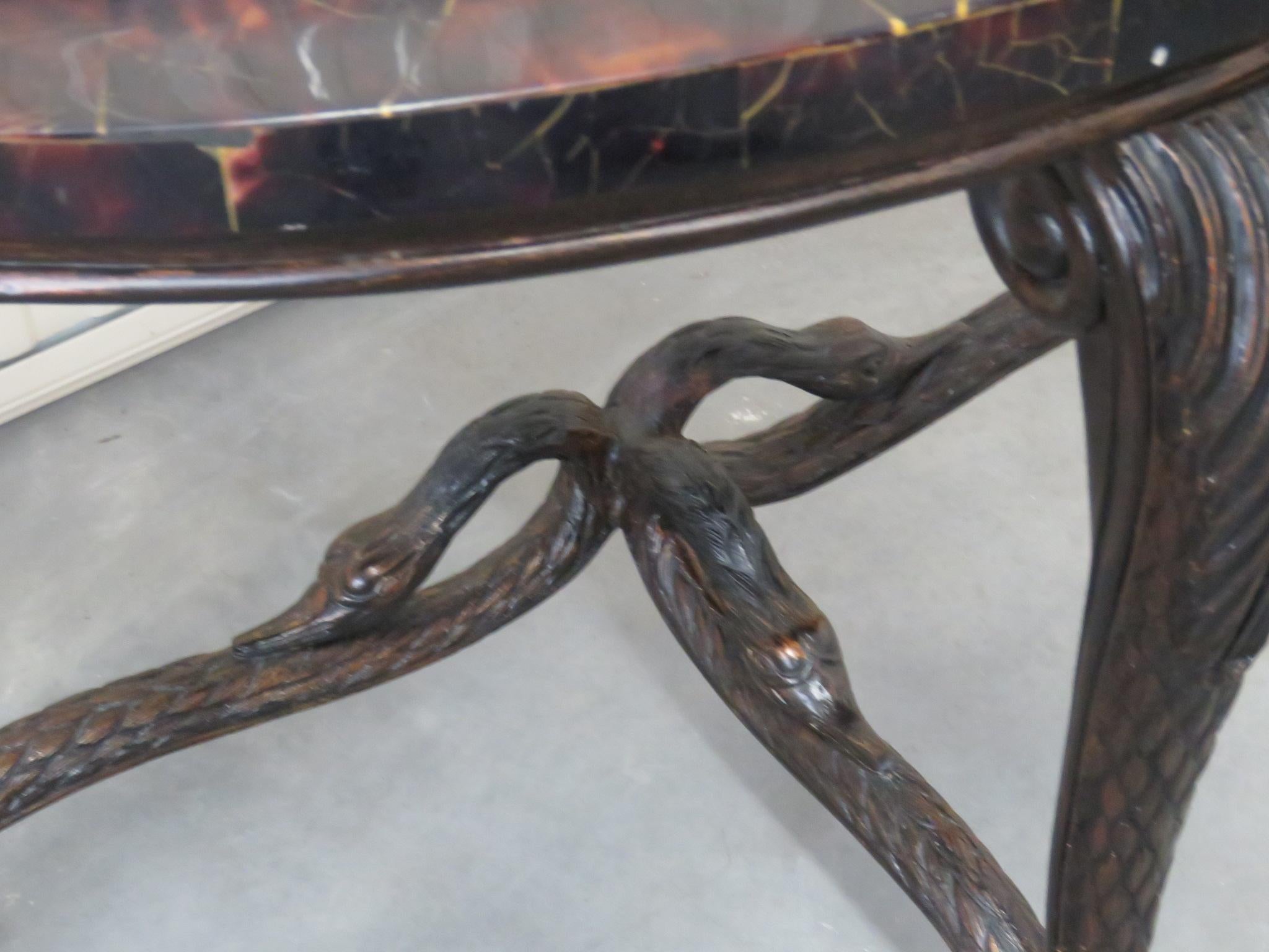 20th Century Pair French Style Tessellated Tortoise Shell Demilune Console Tables with Swans