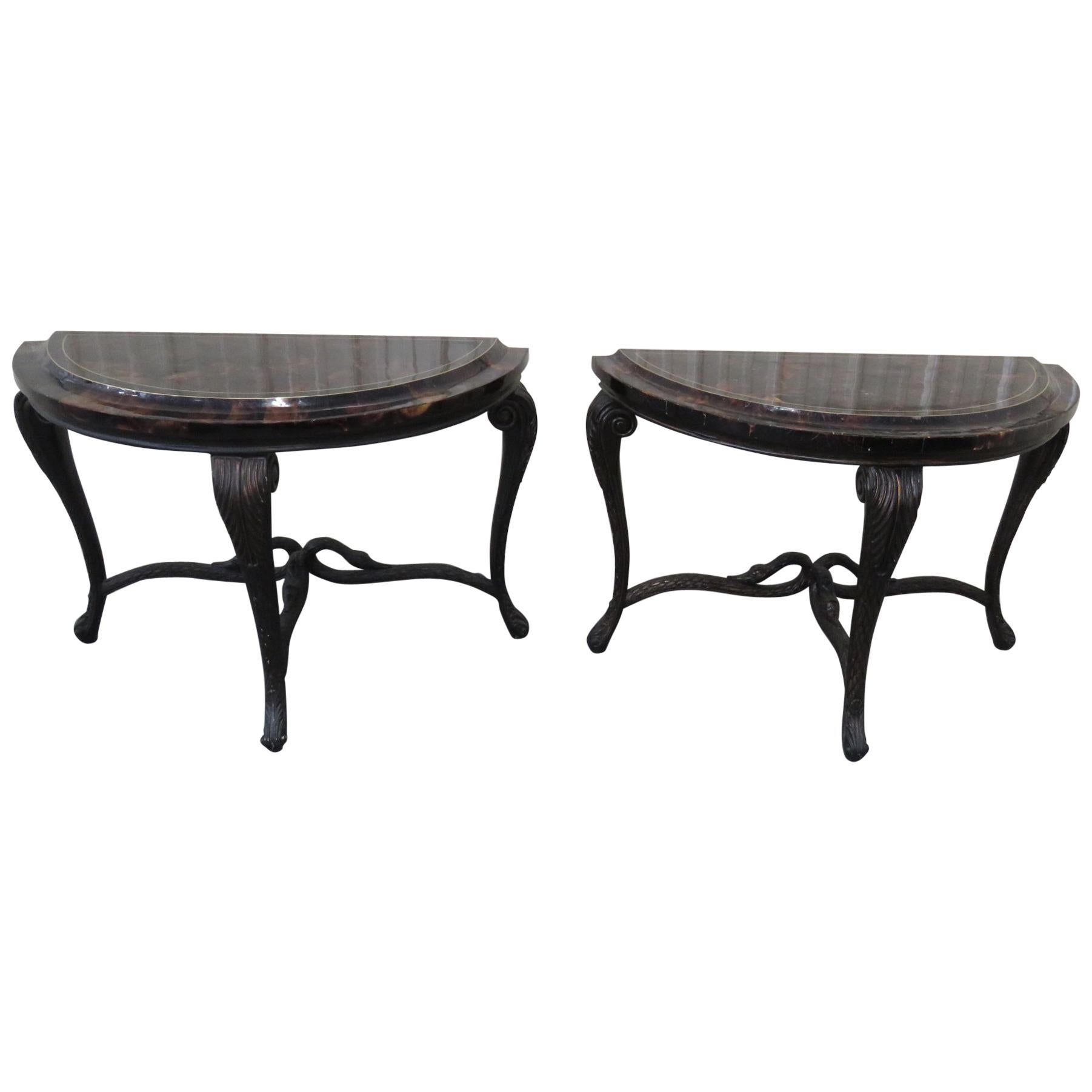 Pair French Style Tessellated Tortoise Shell Demilune Console Tables with Swans