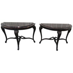 Pair French Style Tessellated Tortoise Shell Demilune Console Tables with Swans
