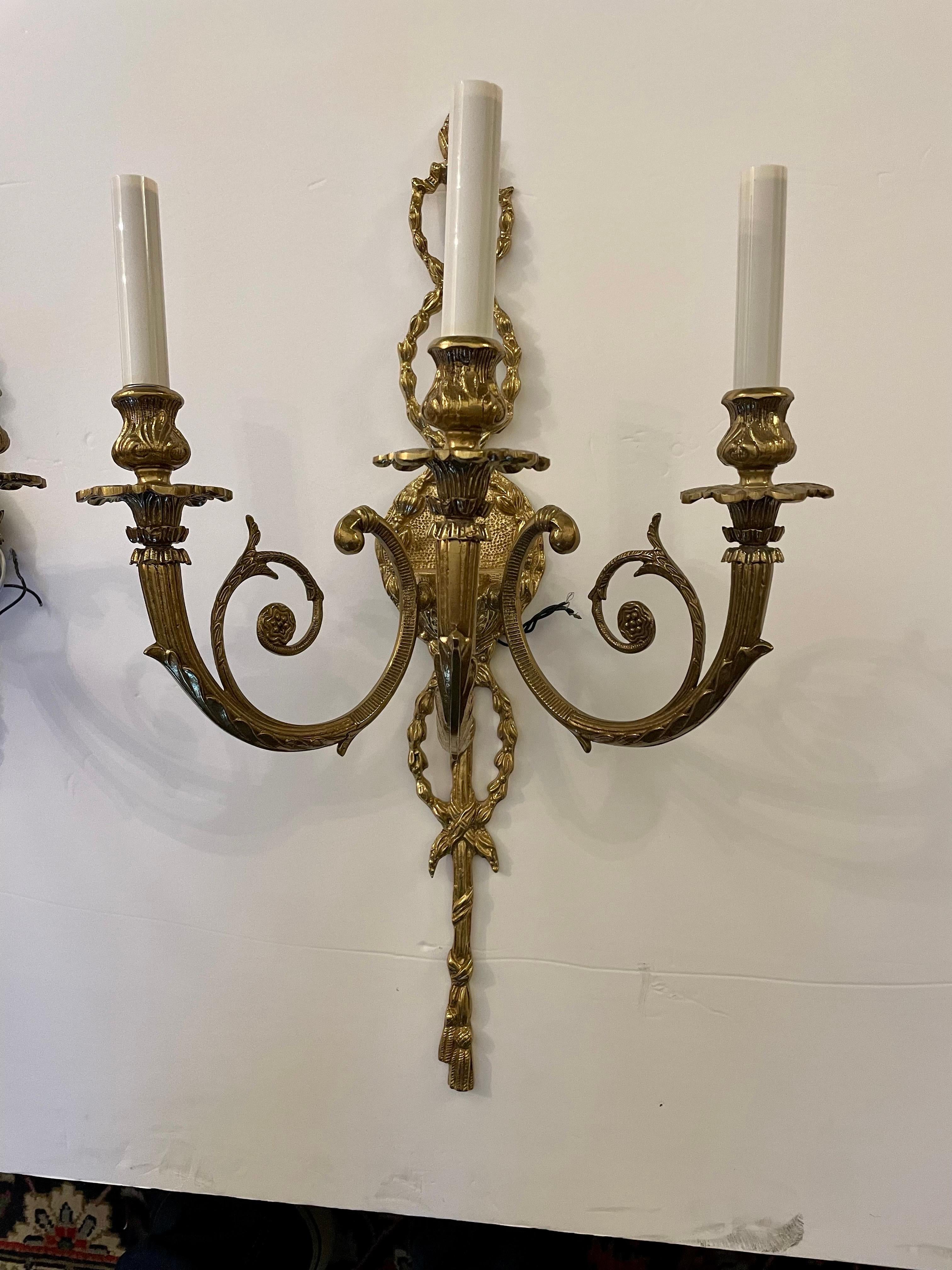 Unknown Pair of Regency Style Three Arm Brass Sconces