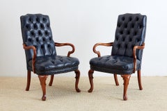 Pair of Regency Style Tufted Blue Library Chairs