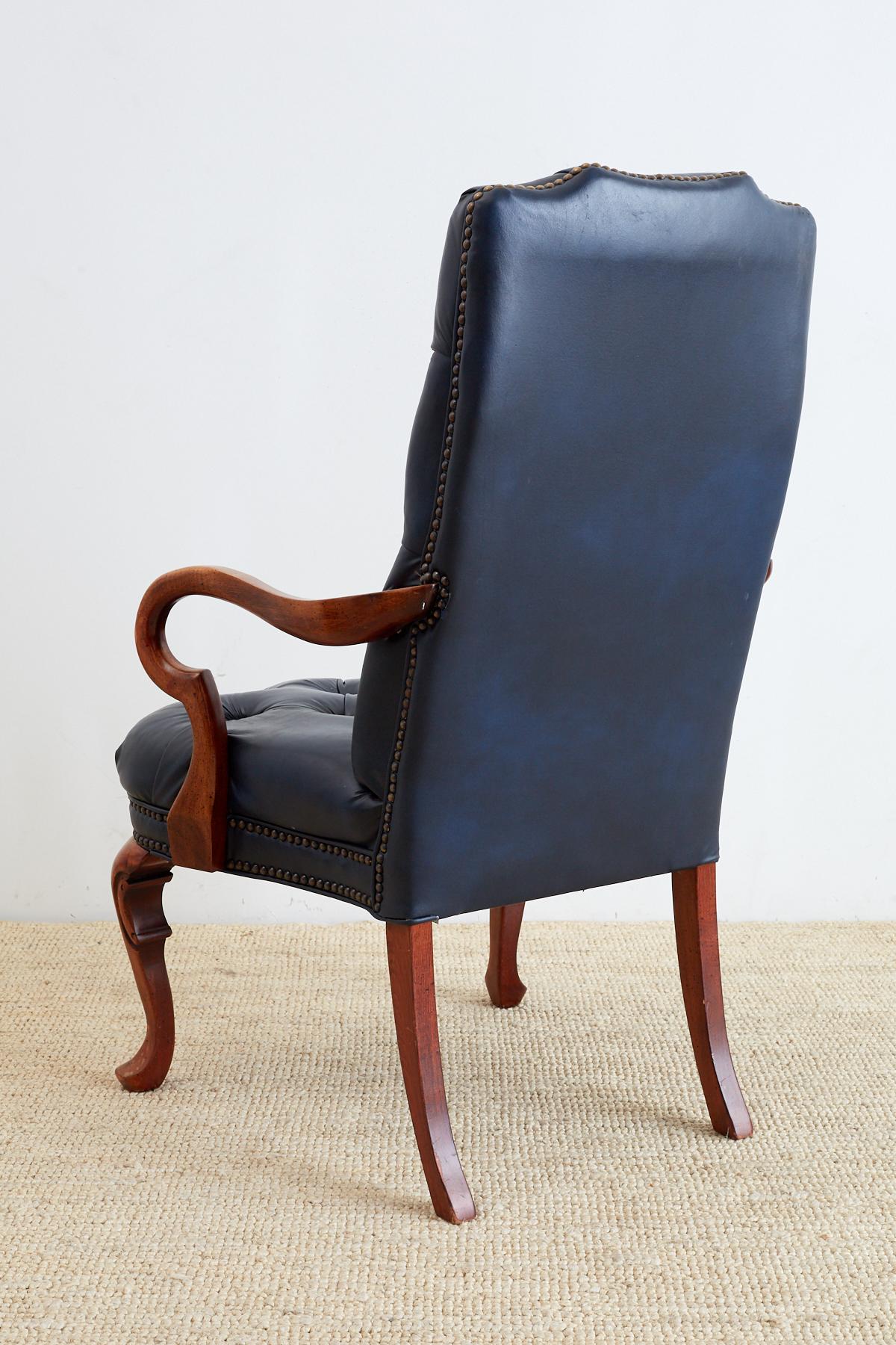Hand-Crafted Pair of Regency Style Tufted Blue Library Chairs