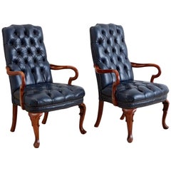 Pair of Regency Style Tufted Blue Library Chairs