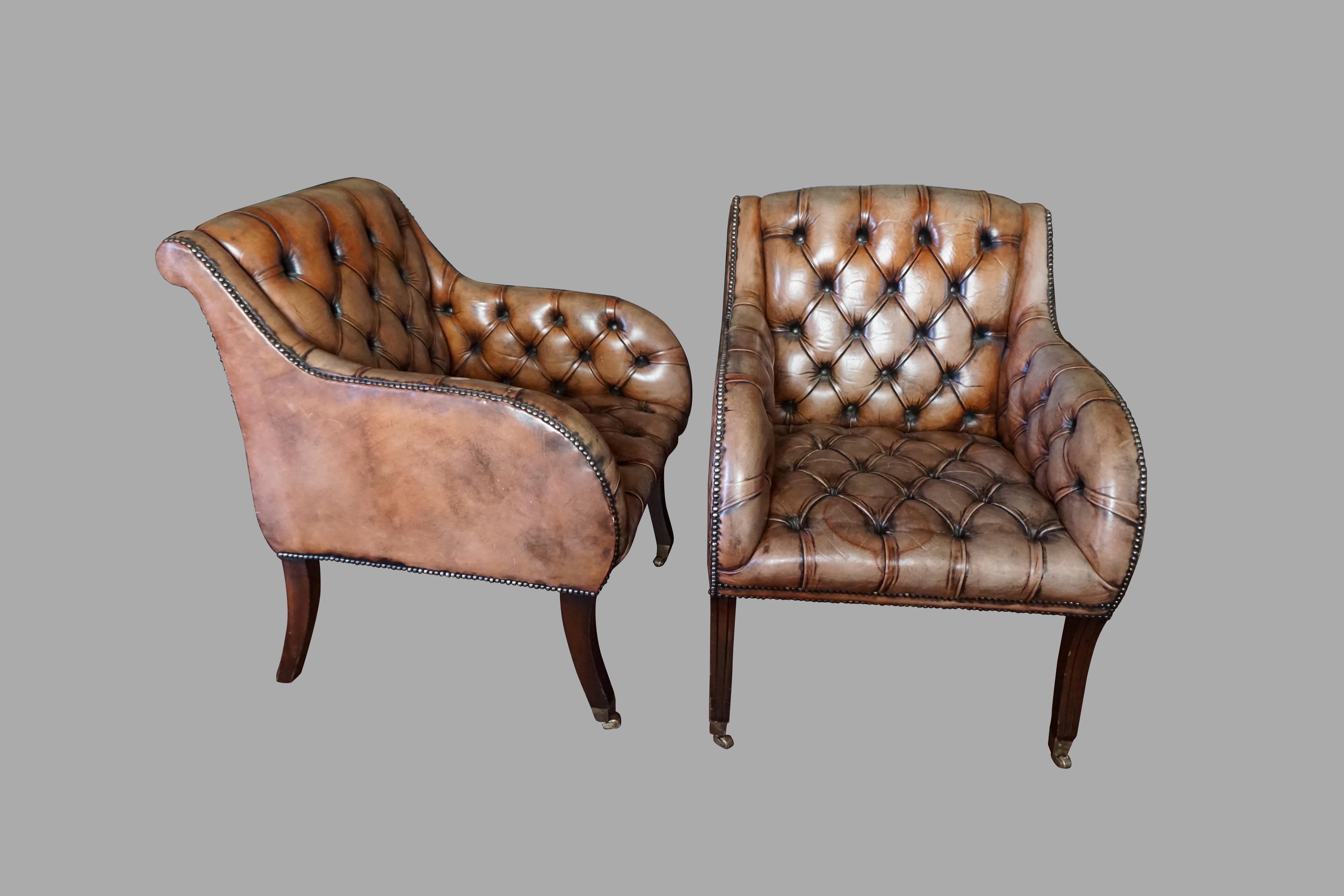 English Pair of Regency Style Tufted Leather Club Chairs with Mahogany Legs