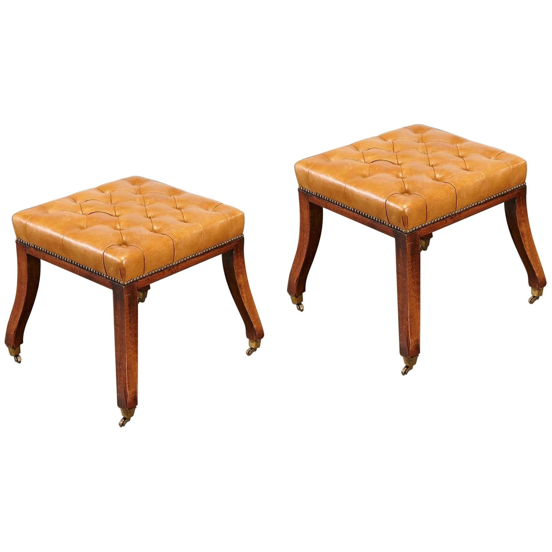 Pair of Regency Style Tufted Leather Stools