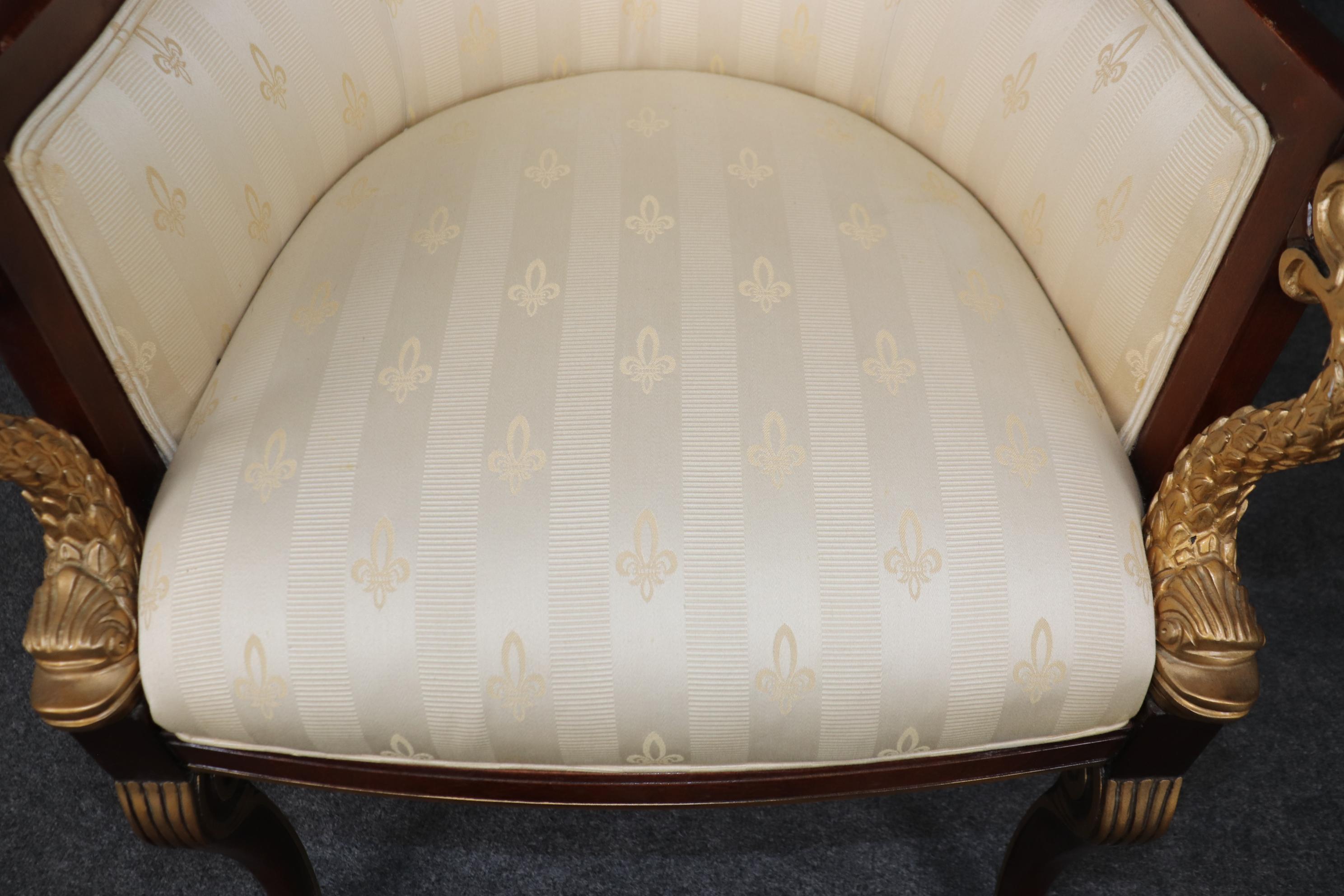 Pair of Regency Style Upholstered Bergères Chairs By Council Gilded Dolphins 6