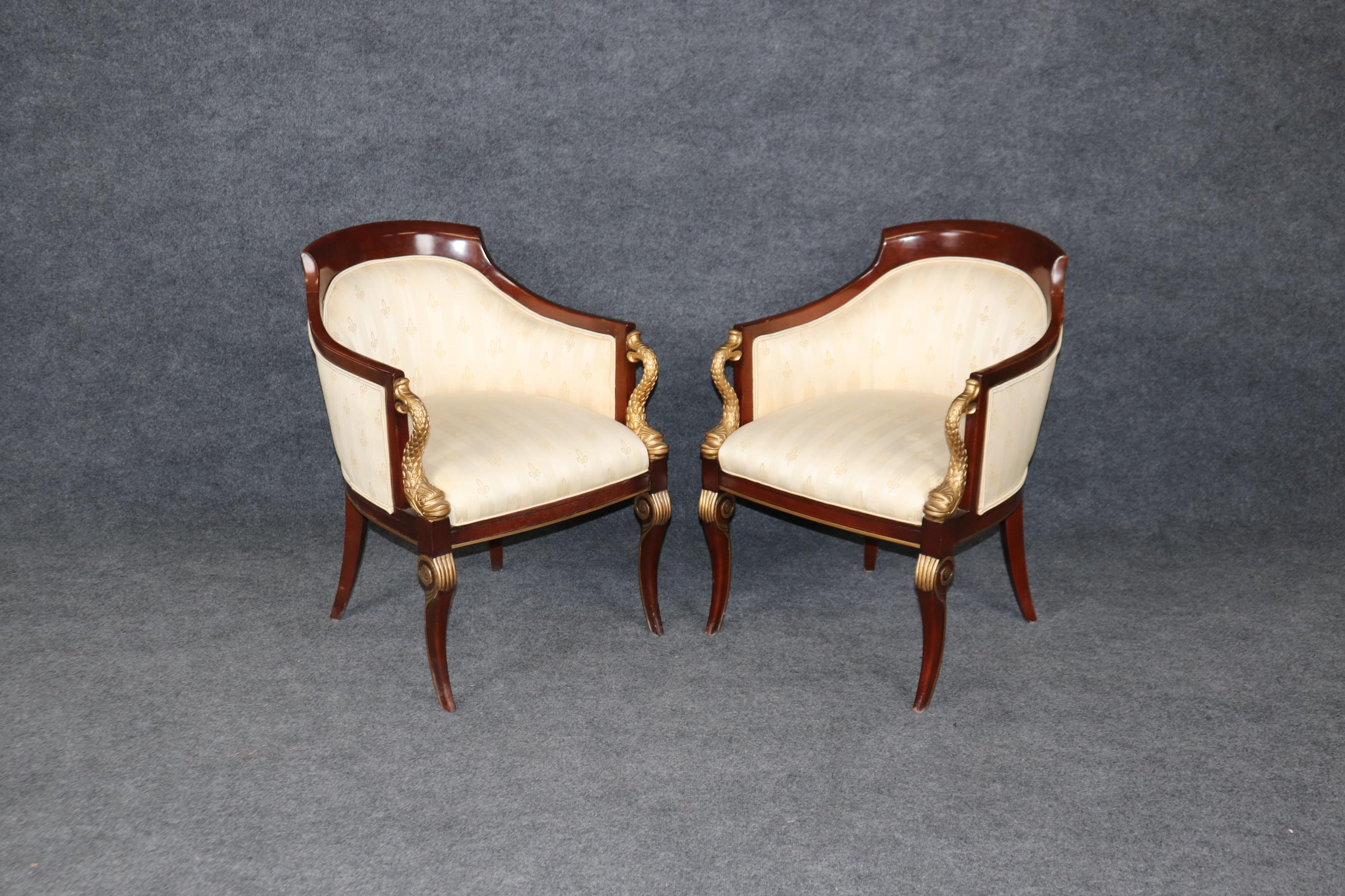 Contemporary Pair of Regency Style Upholstered Bergères Chairs By Council Gilded Dolphins