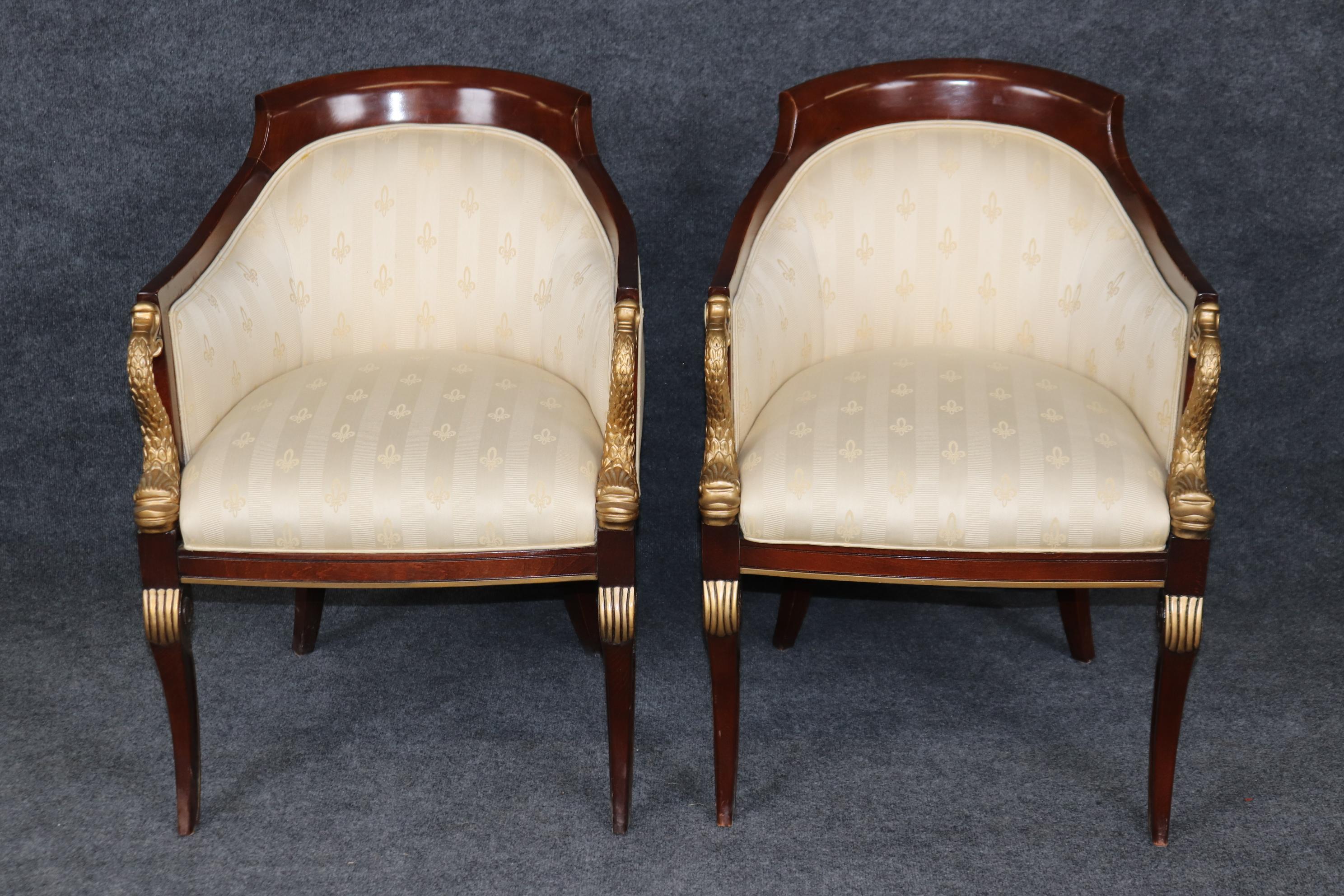 Mahogany Pair of Regency Style Upholstered Bergères Chairs By Council Gilded Dolphins