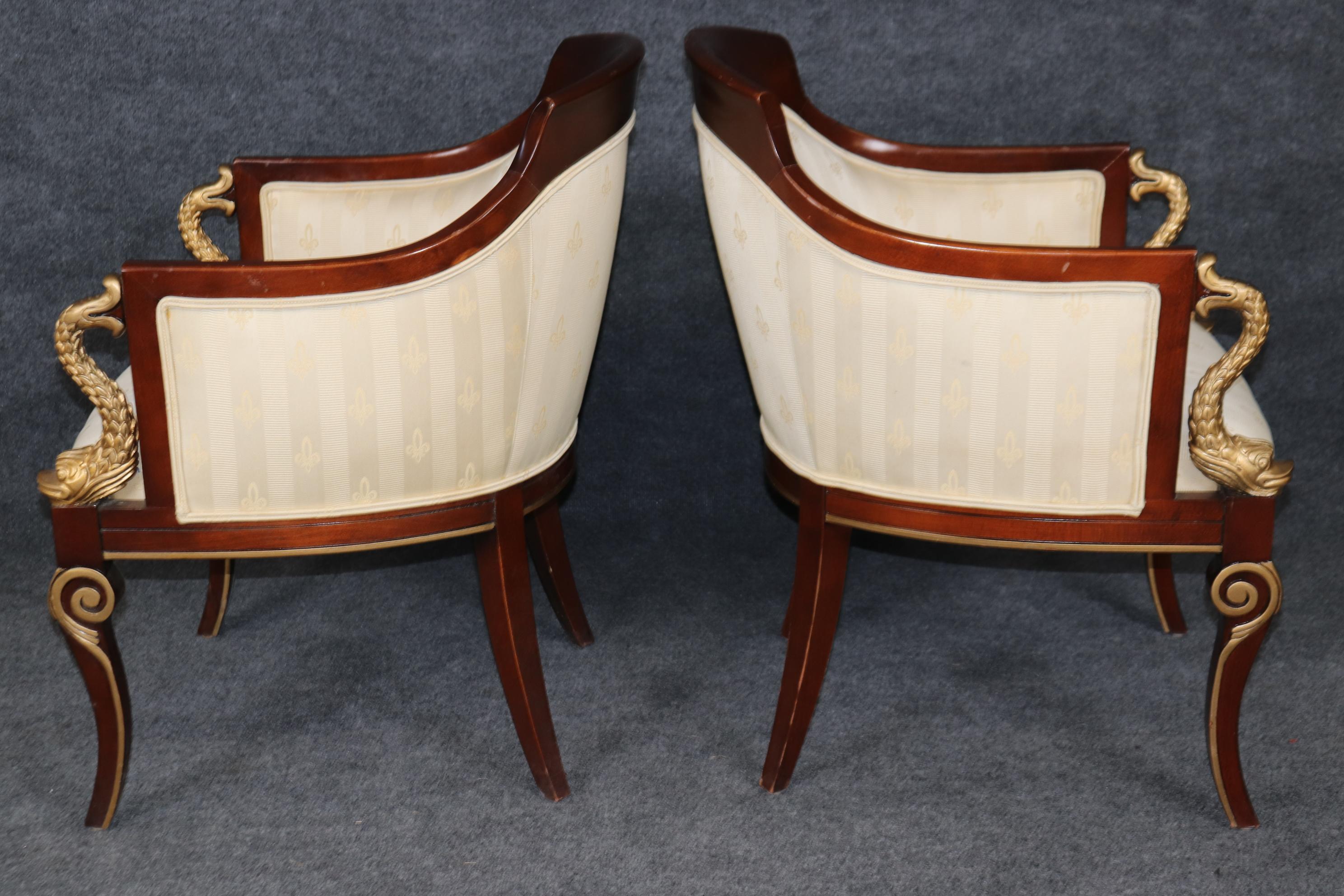 Pair of Regency Style Upholstered Bergères Chairs By Council Gilded Dolphins 1