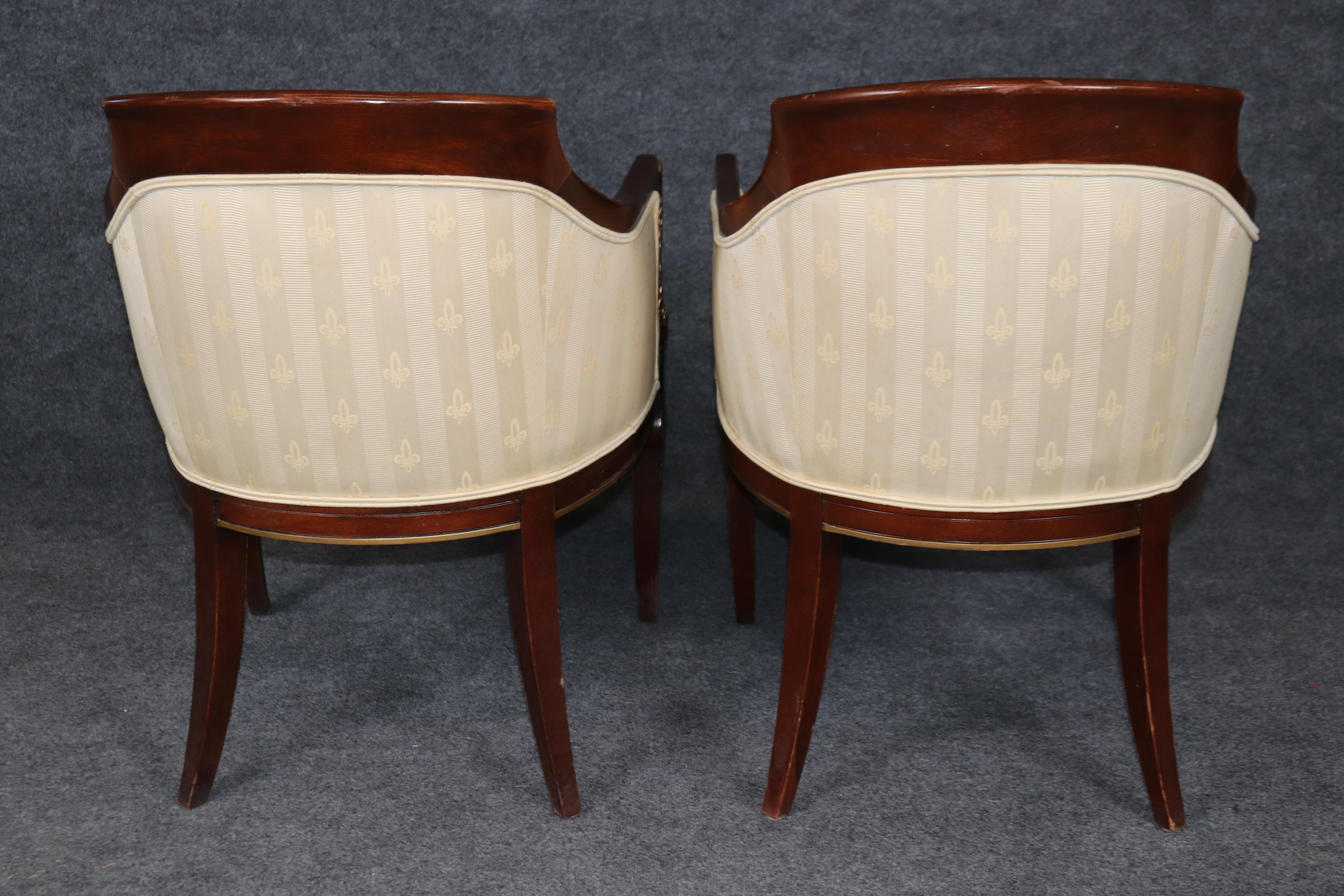 Pair of Regency Style Upholstered Bergères Chairs By Council Gilded Dolphins 2