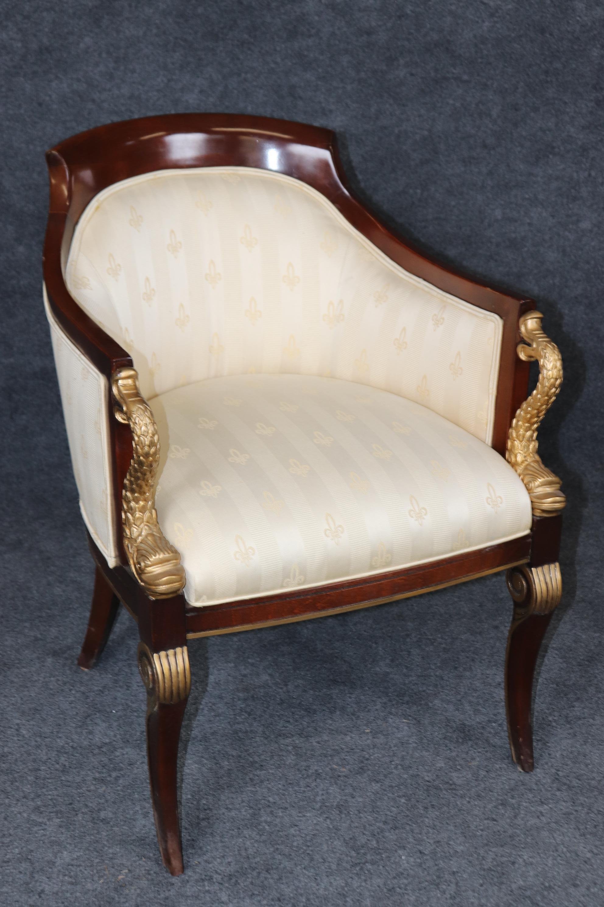 Pair of Regency Style Upholstered Bergères Chairs By Council Gilded Dolphins 3