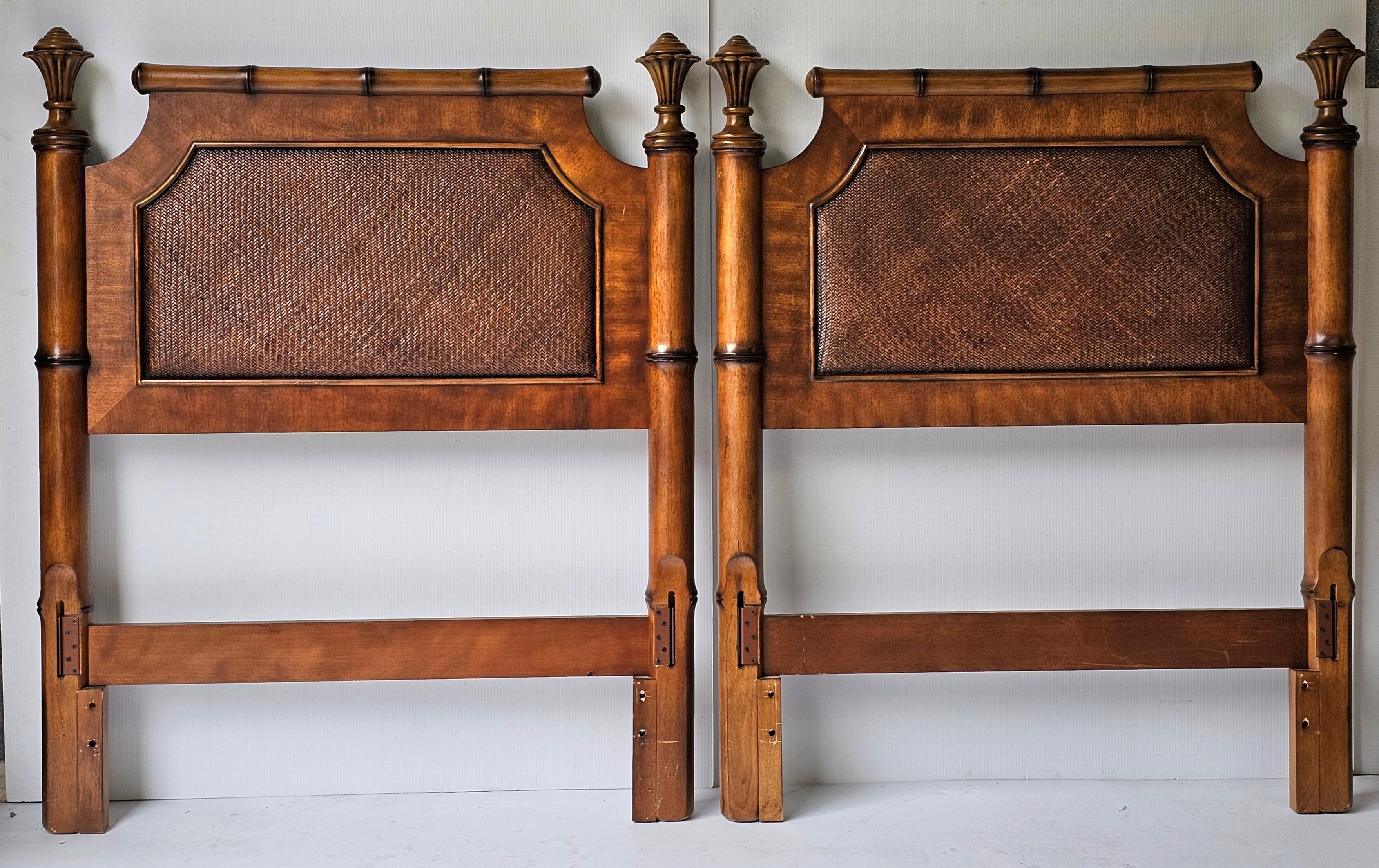 Mid-Century Modern Pair of Regency Style Walnut Faux Bamboo And Cane Twin Size Headboards