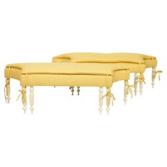Pair of Regency Style White Benches With Yellow Linen Upholstered Seats