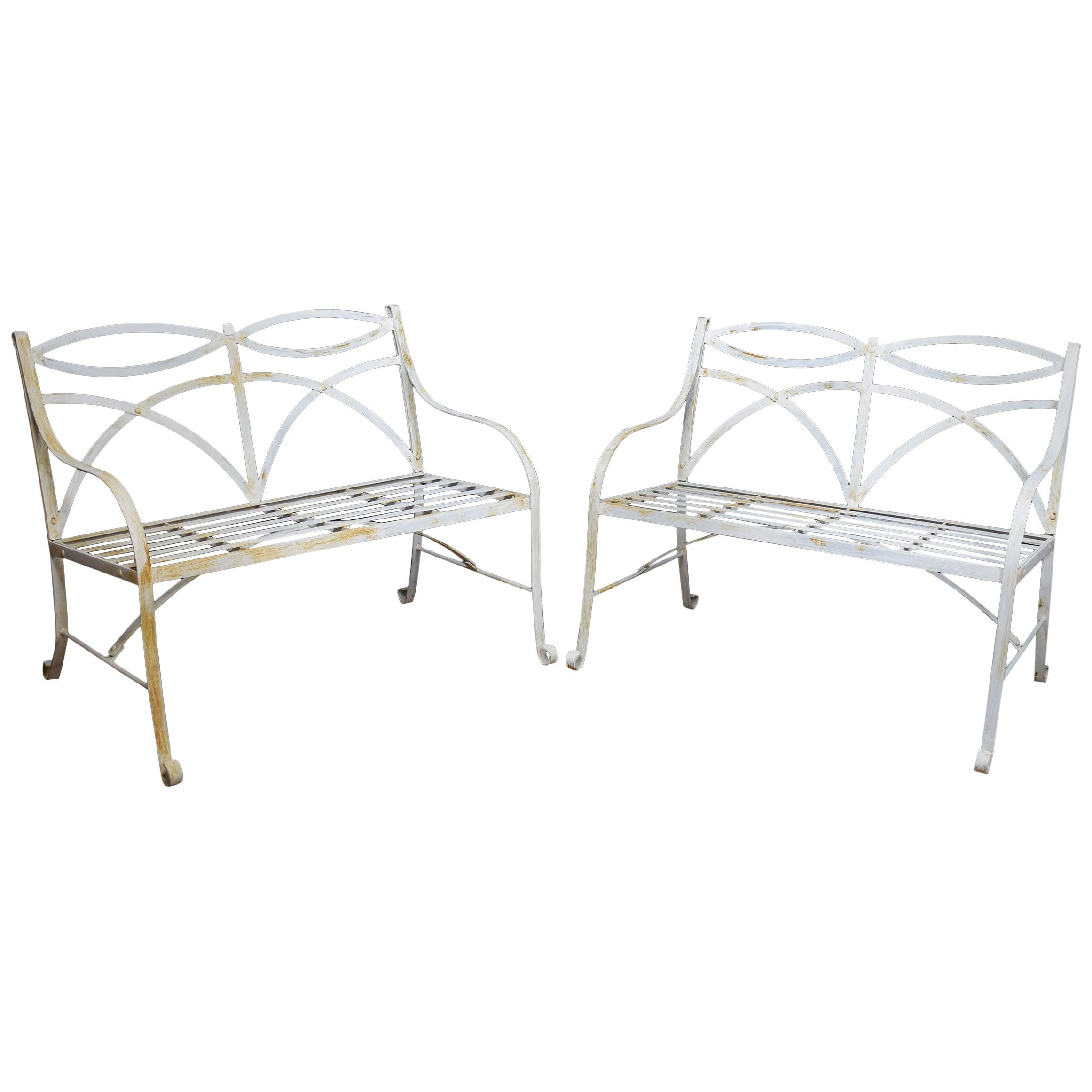 Pair of Regency Style White Painted Metal Garden Benches