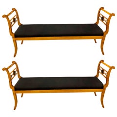Pair of Regency Style Window Benches, Ebony and Burl Wood
