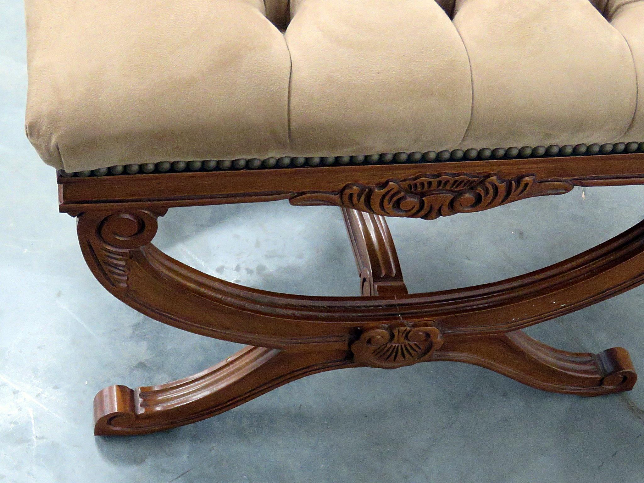 Pair of Carved fruitwood Cerule French Regency Style X Benches 2