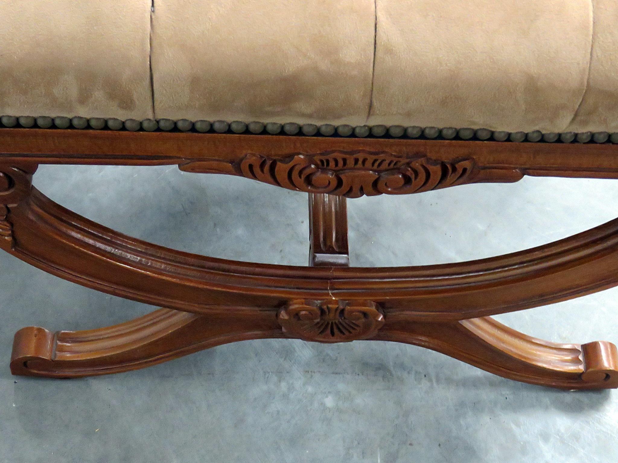 Pair of Carved fruitwood Cerule French Regency Style X Benches 3