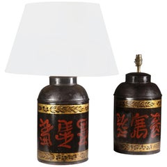 Antique Pair of Regency Tea Canisters with Chinese Script, Now as Table Lamps