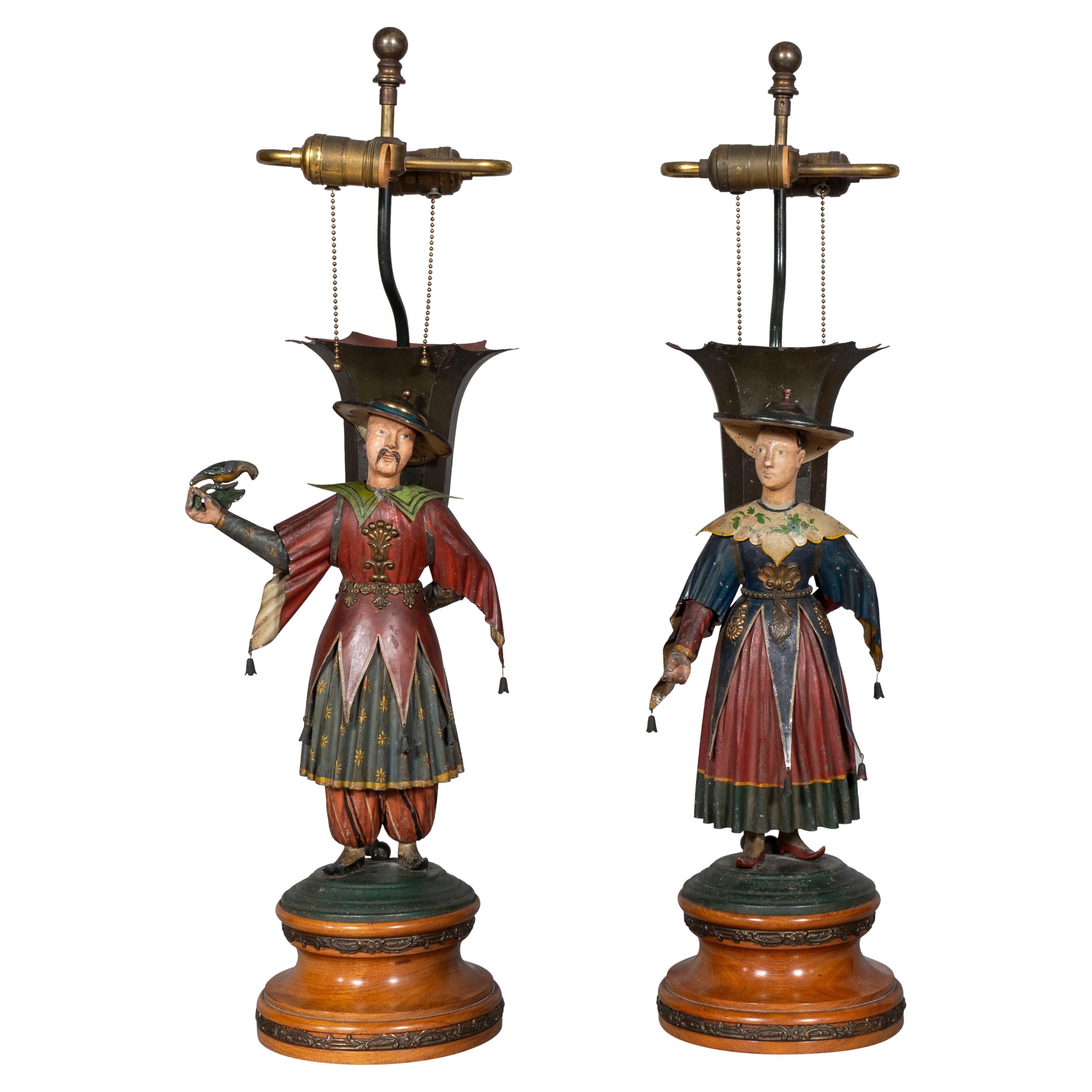 Pair of Regency Tole "Brighton Pavillion" Figural Table Lamps For Sale