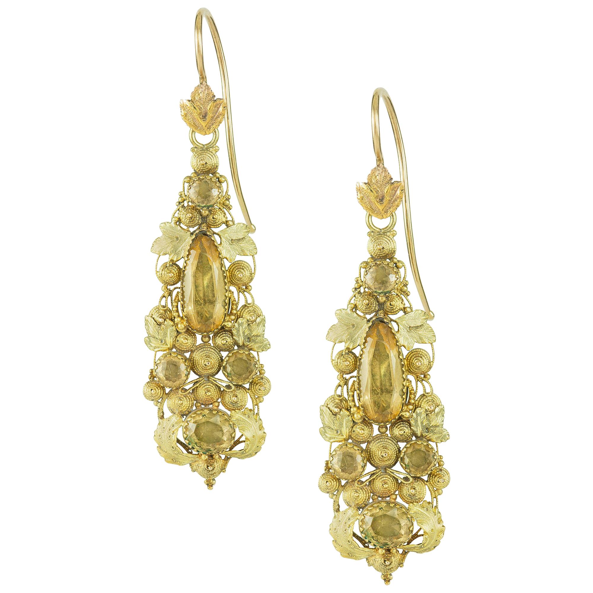 Pair of Regency Yellow Gold and Topaz Cannetille Earrings