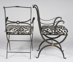Pair of Regency Style Painted Iron Armchairs and Zebra Pattern Cushions, 20th C