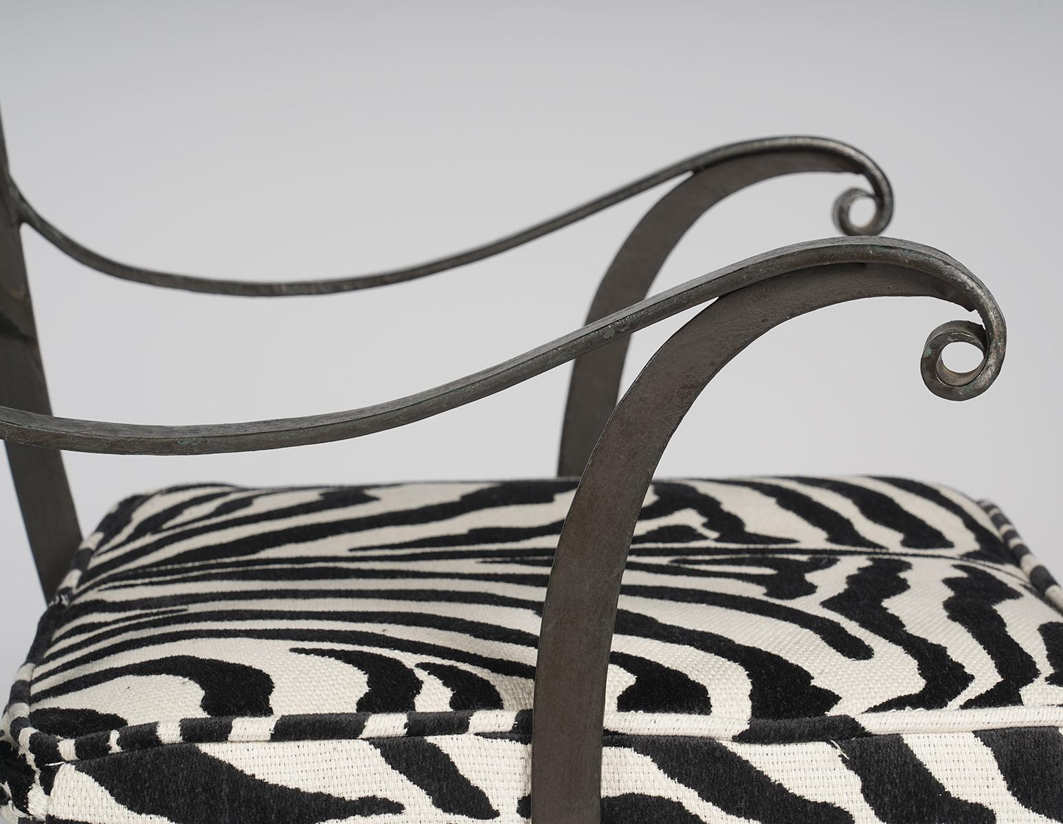American Pair of Regency Style Painted Iron Armchairs and Zebra Pattern Cushions, 20th C