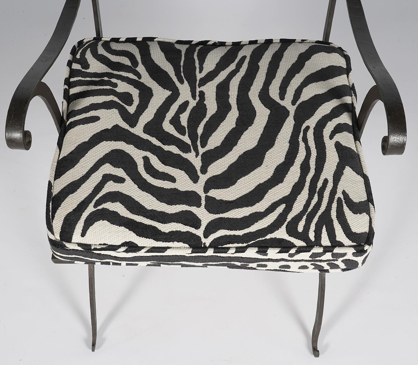 Fabric Pair of Regency Style Painted Iron Armchairs and Zebra Pattern Cushions, 20th C