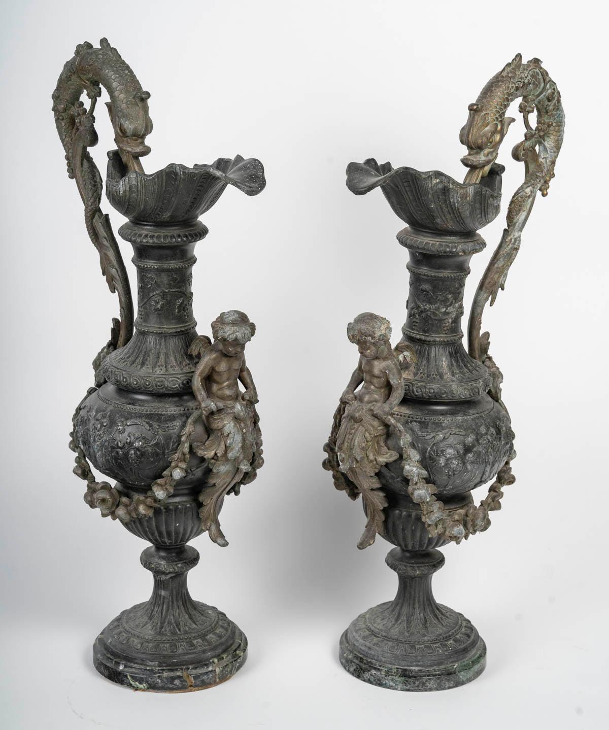 19th Century Pair of Regule Ewers on Marble Base. For Sale