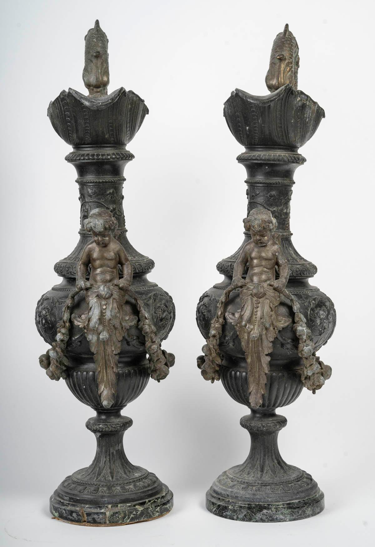 Bronze Pair of Regule Ewers on Marble Base.
