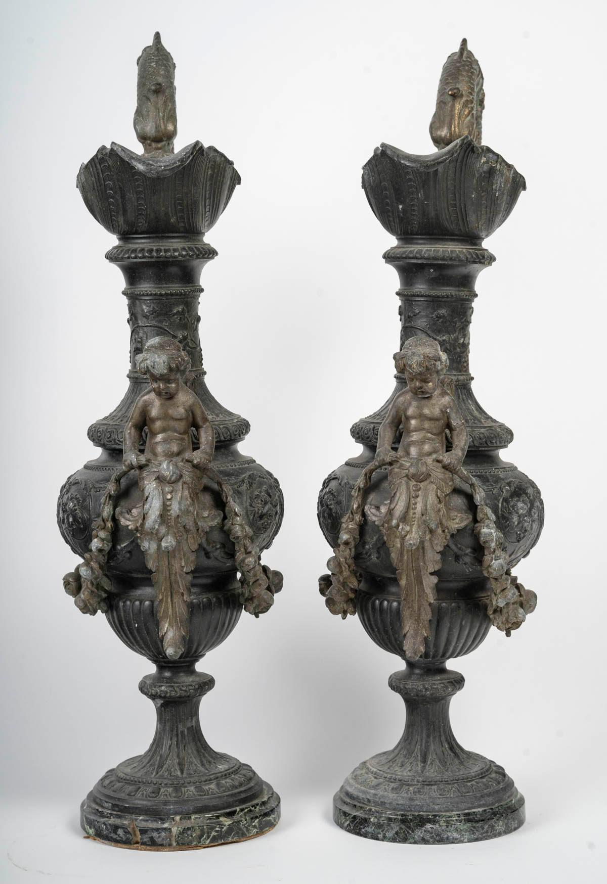 Bronze Pair of Regule Ewers on Marble Base. For Sale