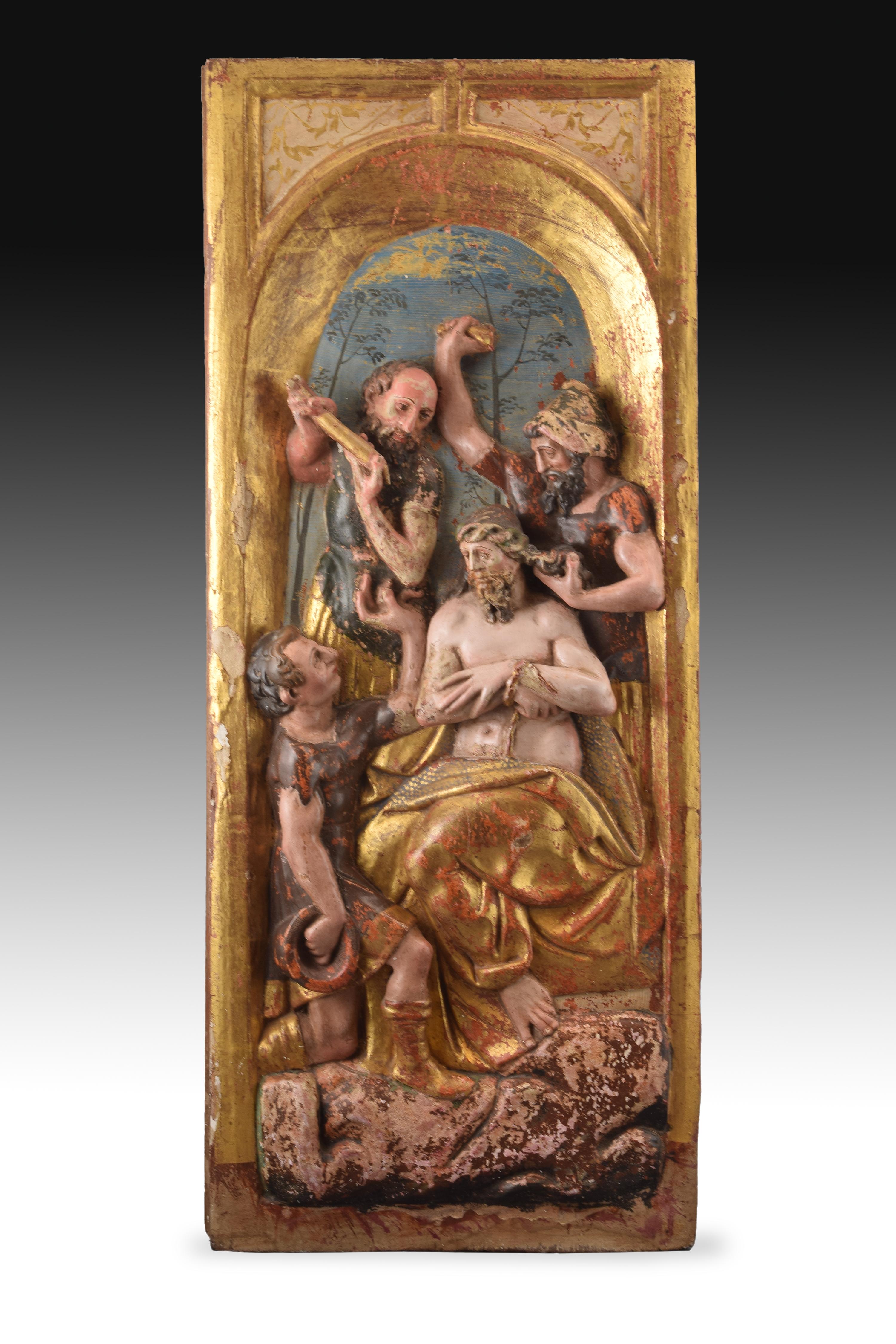 Pair of reliefs. Carved, polychrome and gilt wood. Castilian school, 16th century. 
Pair of carved and polychrome wooden reliefs with figurative religious scenes set against a landscape background and under semicircular arches, which present