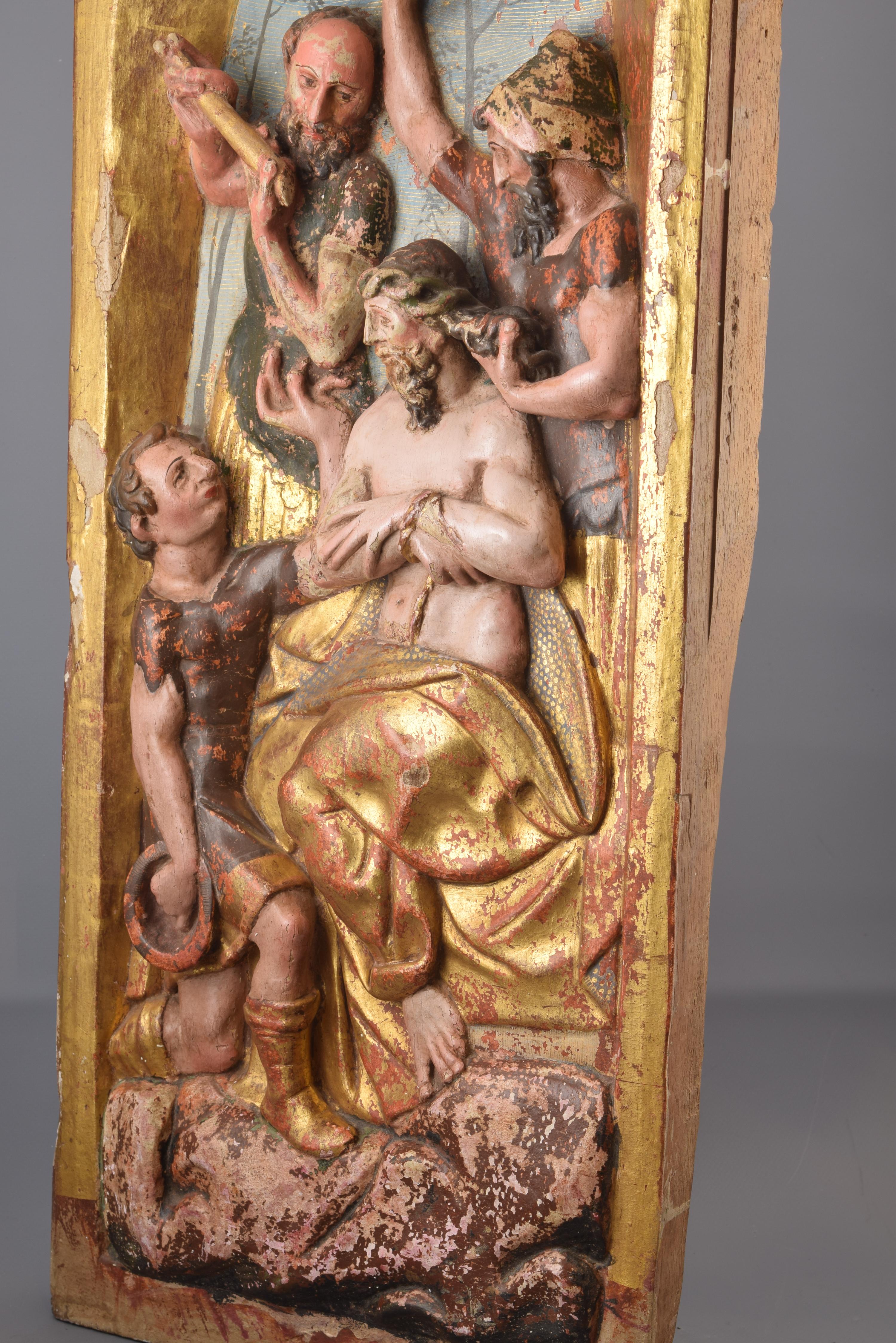 Ein Paar Reliefs, geschnitztes, polychromes und vergoldetes Holz, gusseiserne Schule, 16. Jahrhundert im Angebot 2