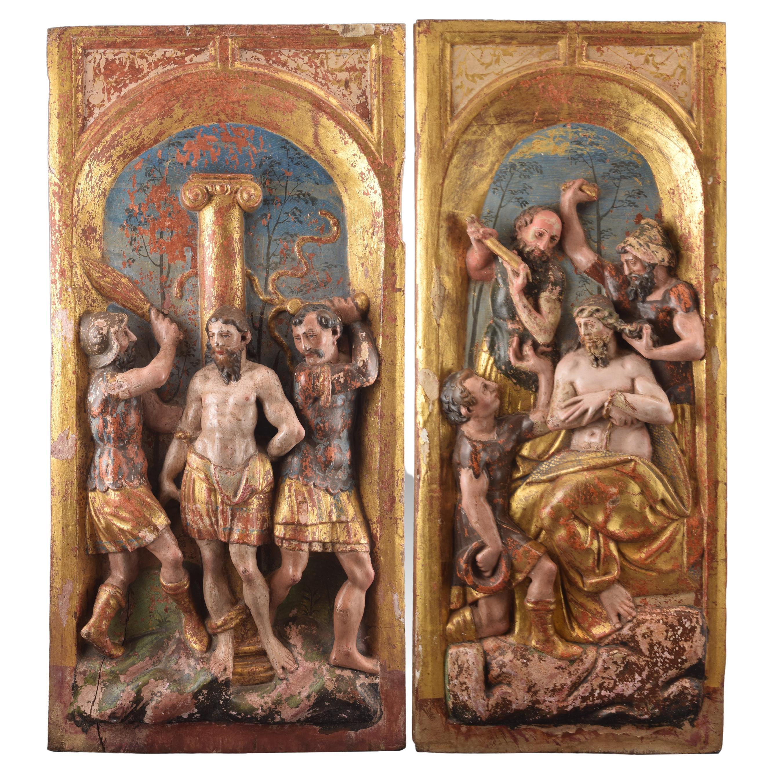 Pair of Reliefs, Carved, Polychrome and Gilt Wood, Castilian School, 16th C For Sale