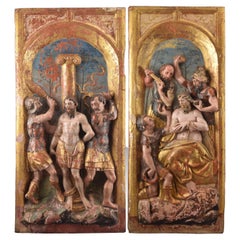 Pair of Reliefs, Carved, Polychrome and Gilt Wood, Castilian School, 16th C