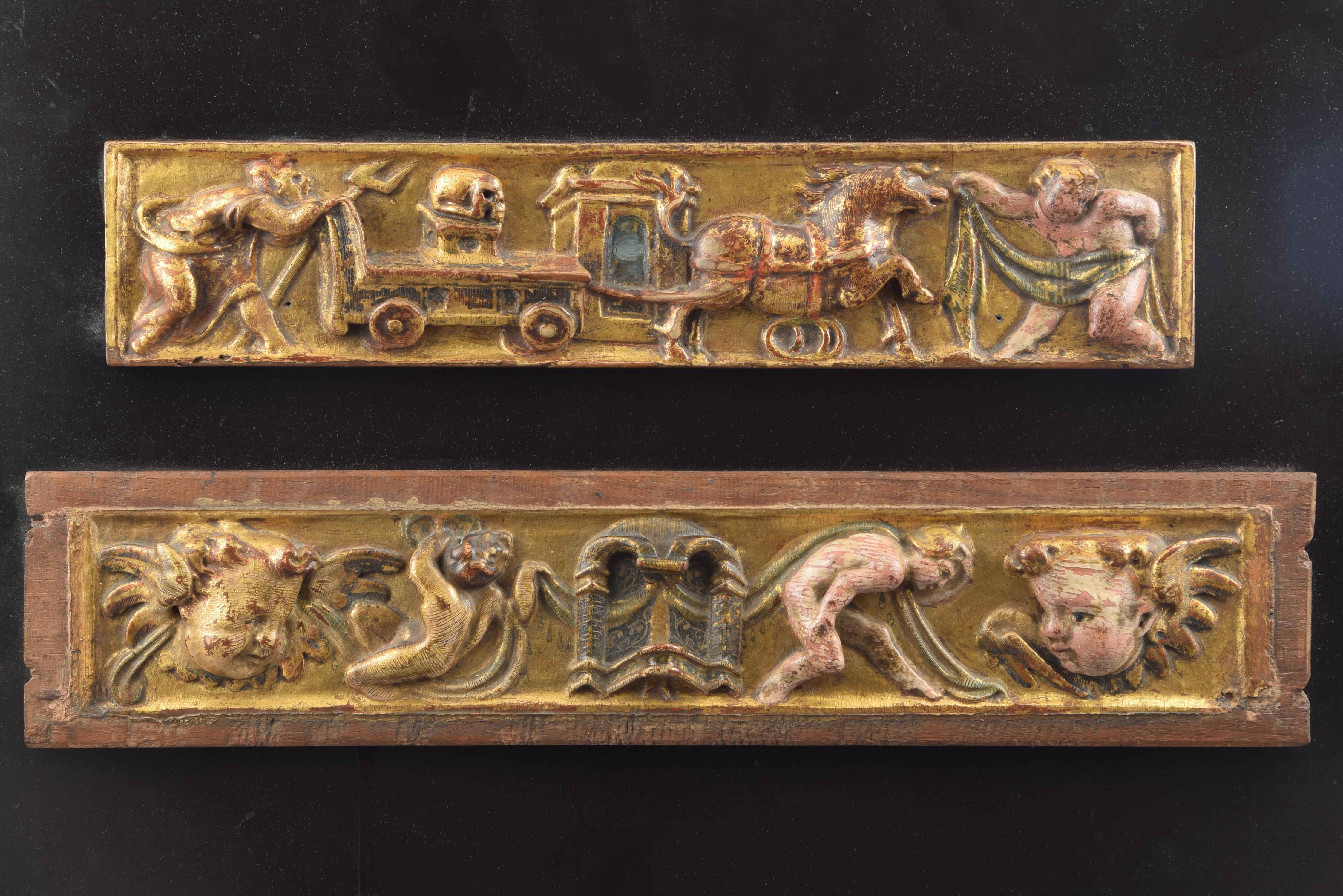 Pair of reliefs; scene with carriage with skull and scene with portico from the 16th century. Gilded and polychrome wood. Castilian school, 16th century.
 Pair of rectangular carved, gilded and polychrome wooden reliefs located on a dark back