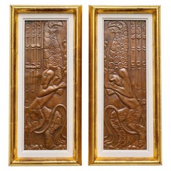 Pair of panels "Griffins" Georg Klimt ca. 1900 Patinated Copper Art Nouveau