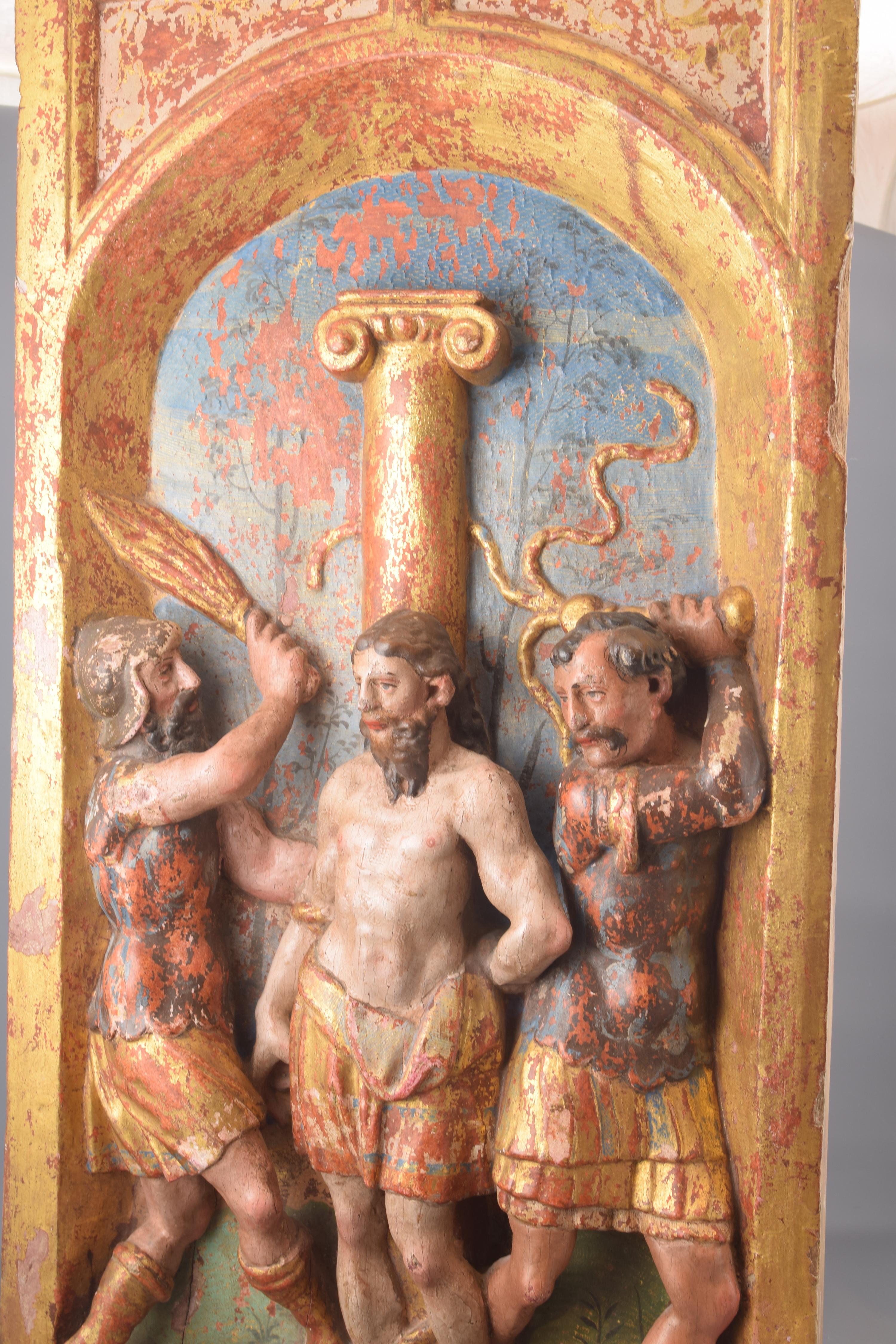 Paar Reliefs, polychromiert und vergoldetes Holz, karibische Schule, Spanien, 16. Jahrhundert im Zustand „Relativ gut“ im Angebot in Madrid, ES