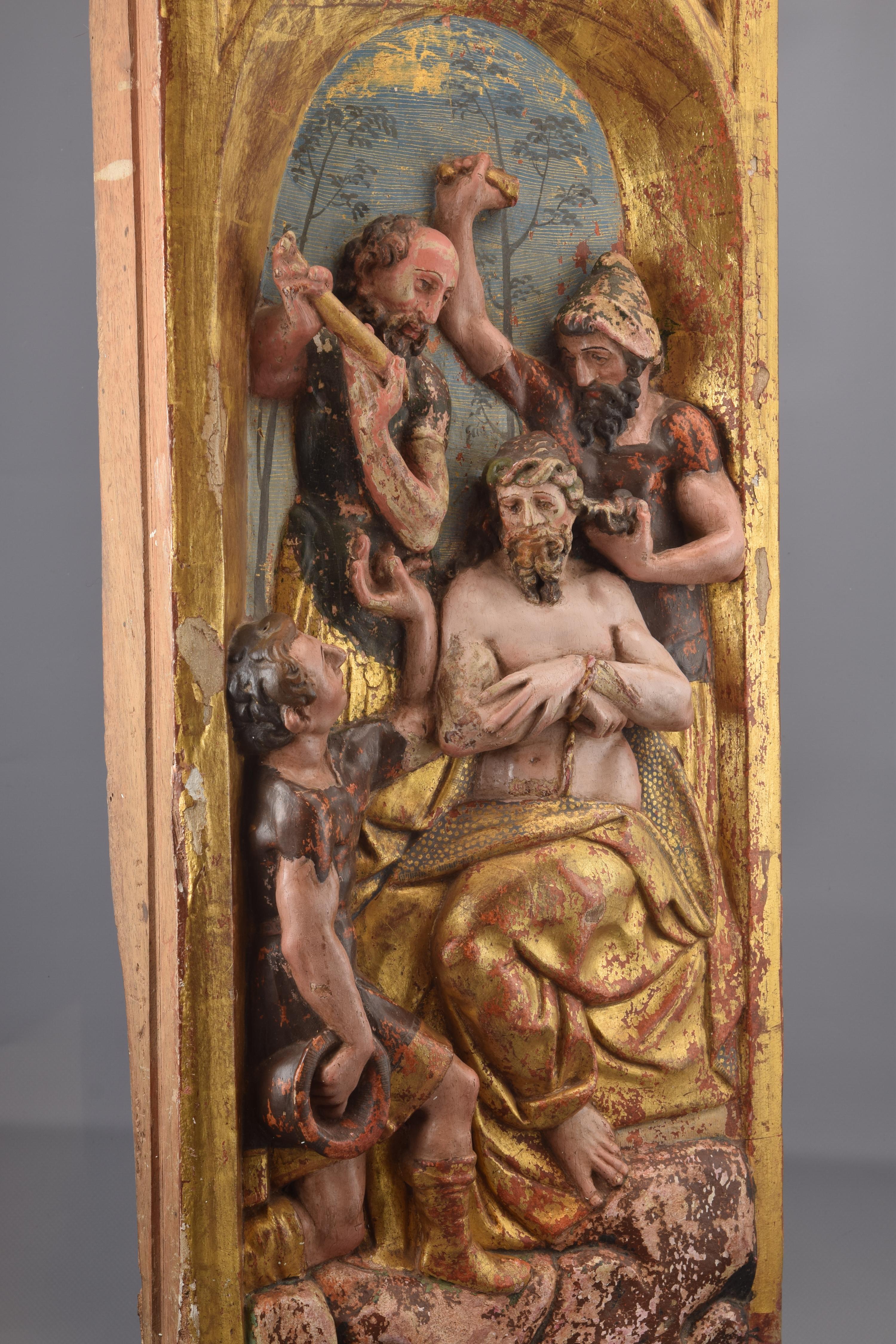 Pair of Reliefs, Polychromed and Giltwood, Castilian School, Spain, 16th Century For Sale 1