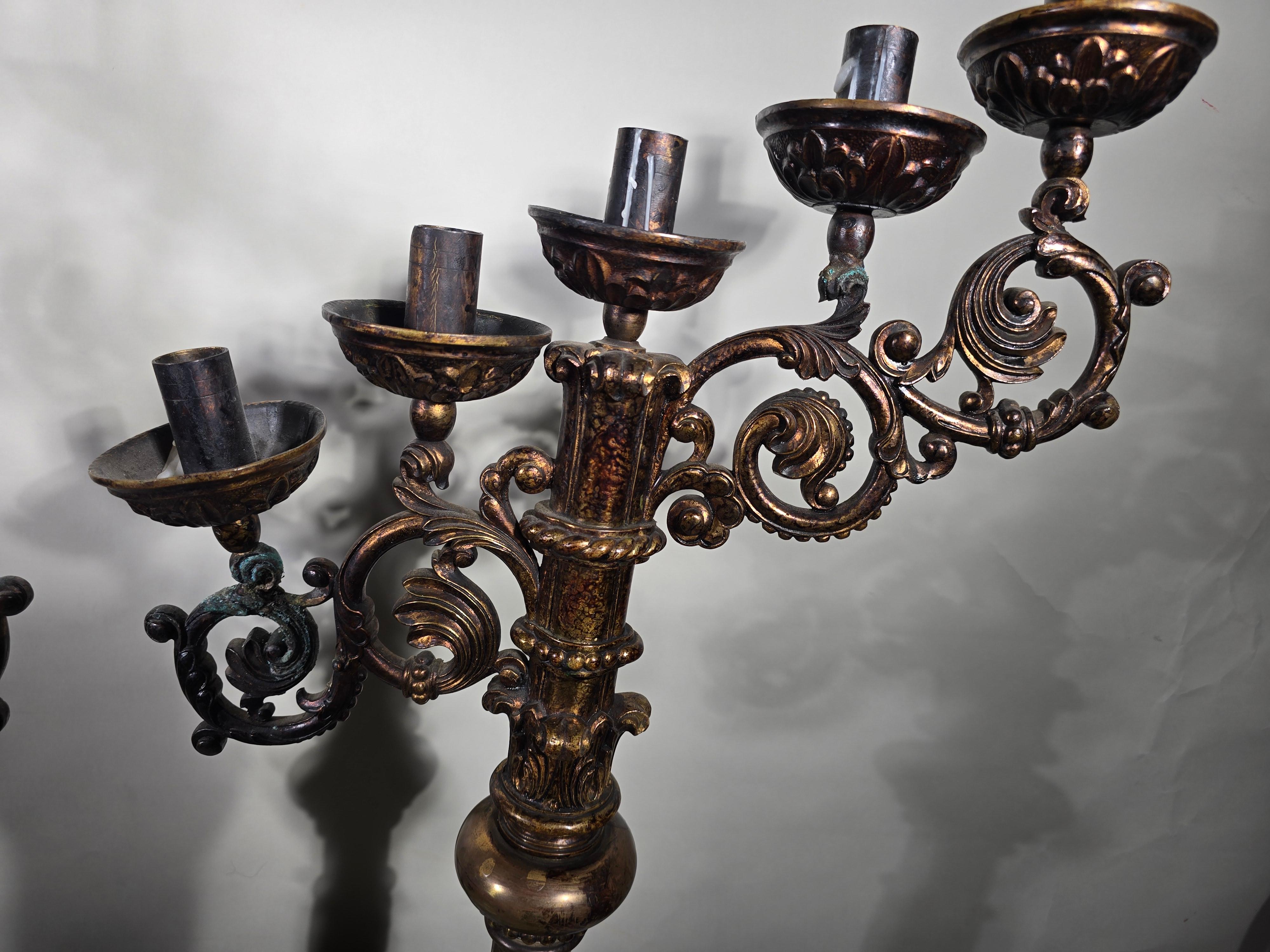 Mid-18th Century Pair of Religious Bronze Candlesticks from the 18th Century For Sale