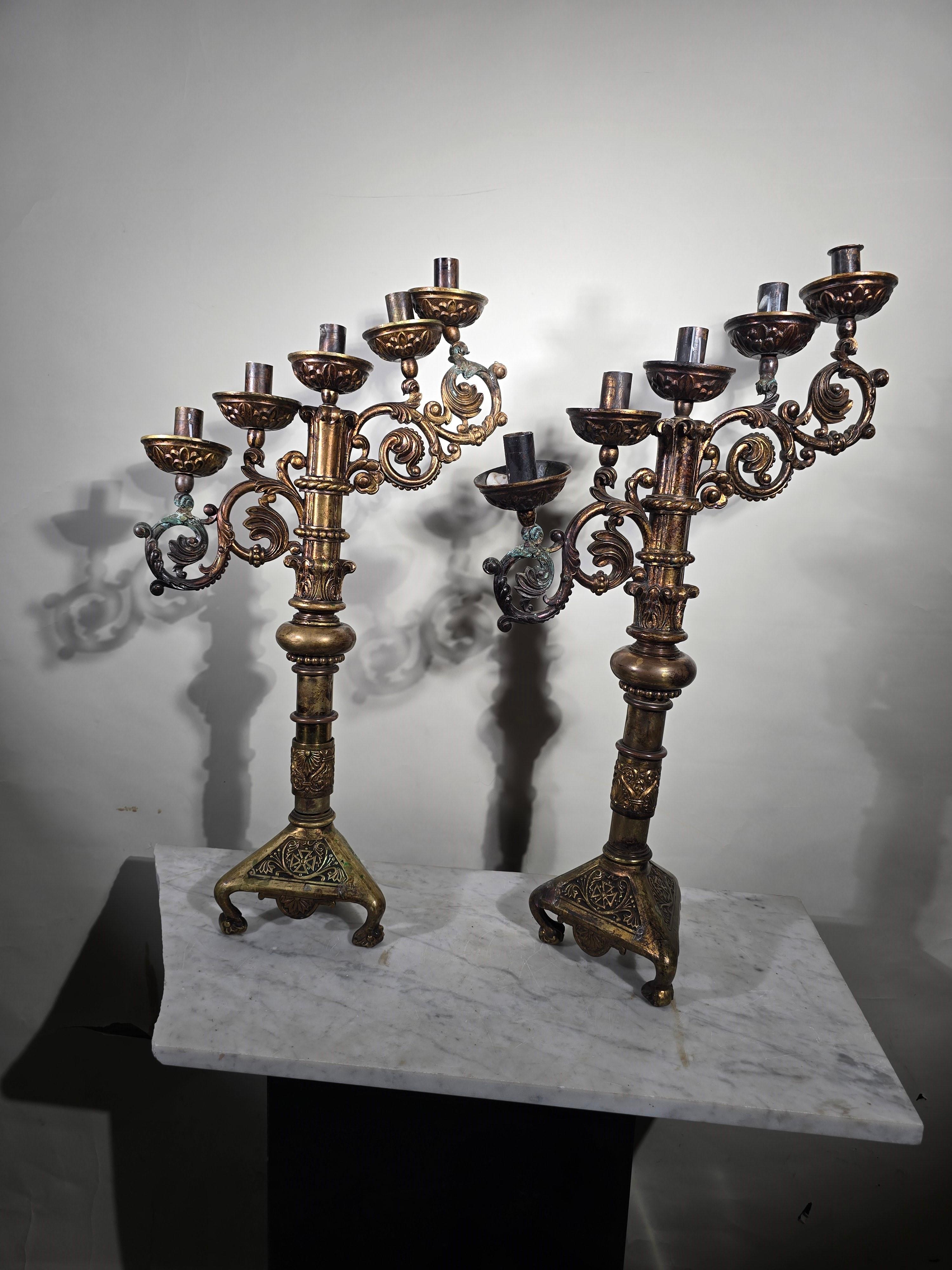 Pair of Religious Bronze Candlesticks from the 18th Century For Sale 4